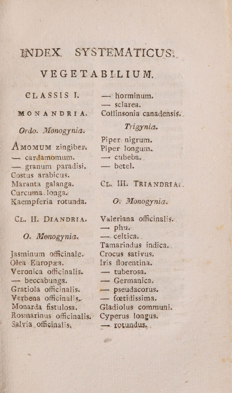 INDEX. SYSTEMATICUS} VEGETABILIUM. CLASSIS I. — horminum. — sclarea. MONANDRIA. Collinsonia canadensis,. Ordo. Monogynia. Triginta. Piper. nigrum. Amomum zingiber. Piper longum. — cardamomum. — cubeba, . — granum. paradisi, ^ —- betel. Costus arabicus. | Maranta galanga. Cu. IH. TRIANDRI Ai. Curcuma. longa. Kaempferia rotunda. OG: Monogynia. CL. II. DIANDRIA. Valeriana officinalis. — phu. O. Menogynia. —. celtica... : Tamarindus indica, . Jasminum officinale. ^ Crocus sativus. Otea Earopza. Iris florentina. Veronica officinalis. — tuberosa. — beccabunga. — Germanica. Gratiola officinalis. — pseudacorus. Verbena officinalis, — foetidissima. Monarda fistulosa. Gladiolus. communi, Rosmarinus officinalis. Cyperus longus. Salvia . officinalis, —. rotundus, ,
