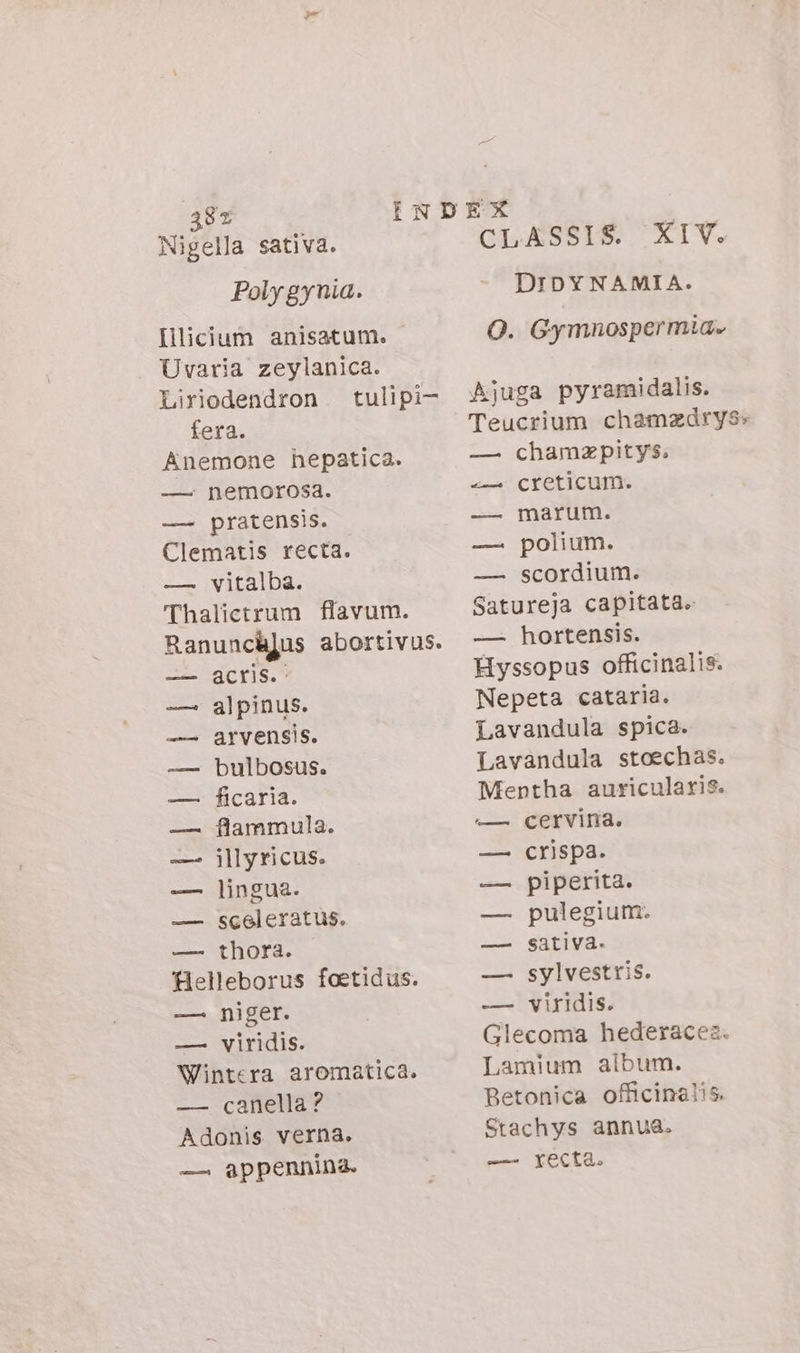 Poly gynia. Illicium anisatum. Uvaria zeylanica. Liriodendron. tulipi- fera. Anemone hepatica. — nemorosa. — pratensis. Clematis recta. — vitalba. Thalictrum flavum. Ranunc&amp;jus abortivus. — &amp;cris. alpinus. arvensis. bulbosus. ficaria. flammula. illyricus. lingua. sceleratus. thora. flelleborus foetidus. — niger. — viridis. Wintera aromatica. — canella? Adonis verna. — appennina. per da CLASSIS. XIV. DIDYNAMIA. O. Gymnospermia» Ajuga pyramidalis. Teucrium chamadrys: — chamzpitys. creticum. marum. polium. scordium. Satureja capitata. — hortensis. Hyssopus officinalis. Nepeta cataria. Lavandula spica. Lavandula stoechas. Mentha auricularis. cervina. crispa. piperita. pulegium. sativa. sylvestris. viridis. Glecoma hederacez. Lamium album. Betonica officinalis. Stachys annua. —-— recta. int e—— e ——— Eit