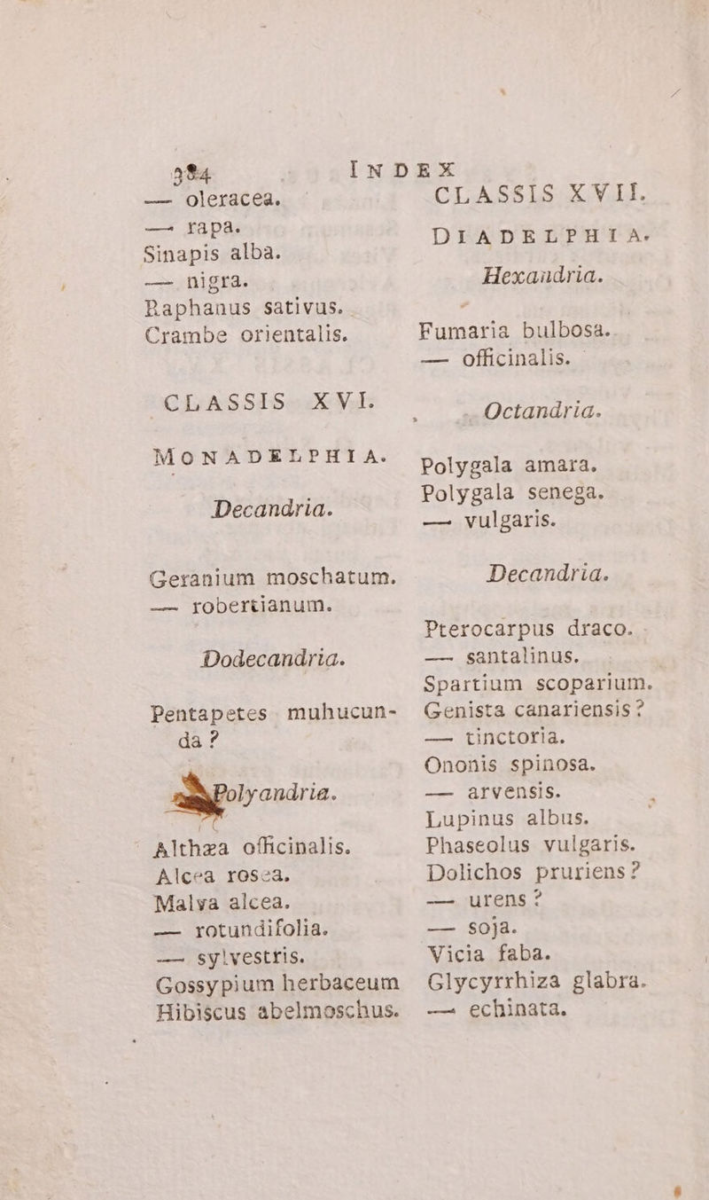 594 — Oleracea. — rapa. Sinapis alba. — nigra. Raphanus sativus. Crambe orientalis. CLASSIS X WU: MONADELPHIA. Decandria. Geranium moschatum. — robertianum. Dodecandria. Pentapetes. muhucun- da ? AMNppIy cndrie. Althza officinalis. Alcea rosea. Malya alcea. — rotundifolia. — sylvestris. Gossy pium herbaceum Hibiscus abelmoschus. CLASSLS XVII. DIADELPHIA. Hexaindria. Fumaria bulbosa. —- DICI ASI Octandria. Polygala amara. Polygala senega. — vulgaris. Decandria. Pterocarpus draco. — santalinus. | Spartium scoparium. Genista canariensis ? — tinctoria. Ononis spinosa. — arvensis. Lupinus albus. Phaseolus vulgaris. Dolichos pruriens ? — urens? — s0ja. Vicia faba. Glycyrrhiza glabra. — echinata.