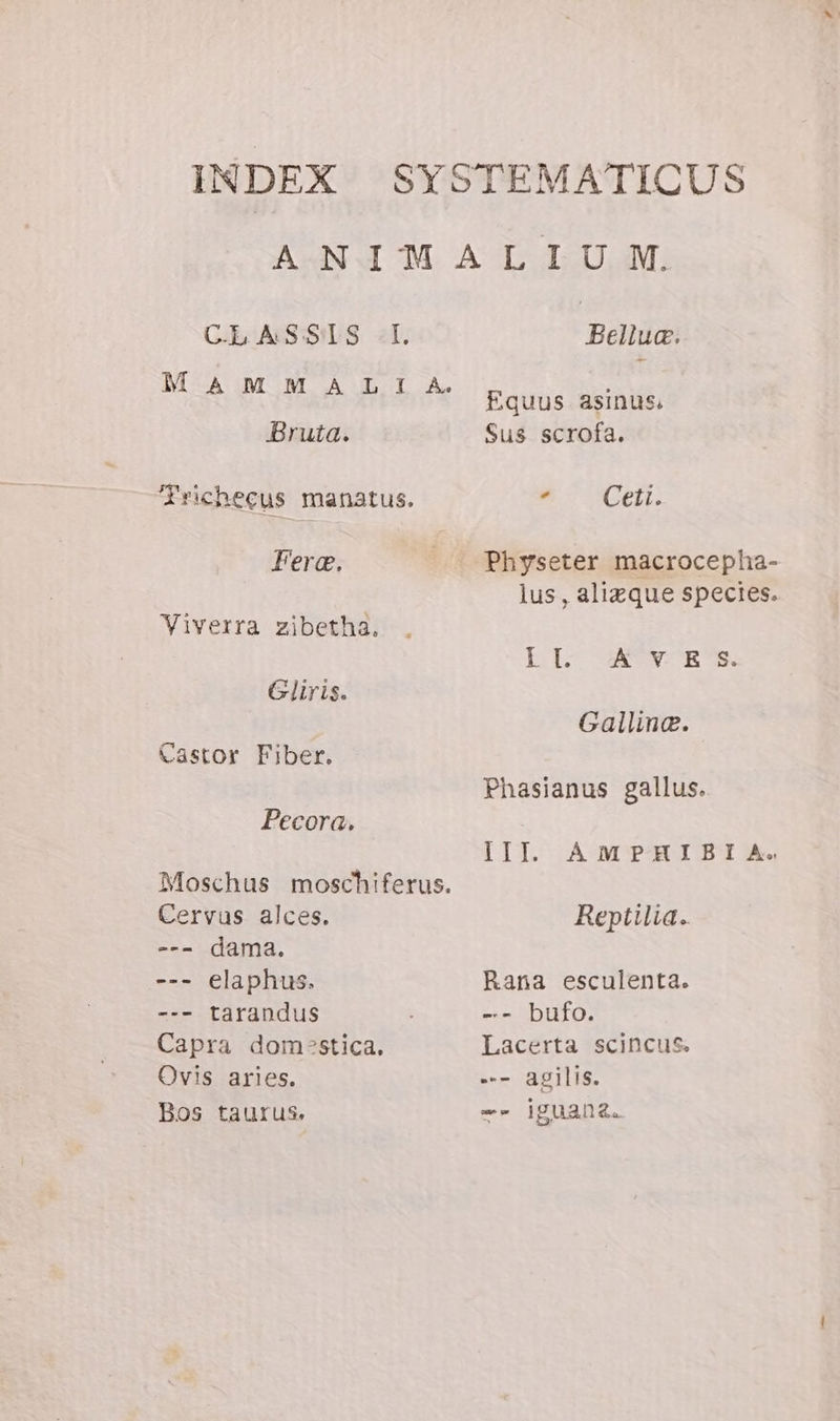 C.LASSLIS -I. ATA MIMO AI A Bruta. Trichecus manatus. Fera. Viverra zibetha. Gliris. Castor Fiber. Pecora. Moschus moschiferus. Cervus alces. --- dama. --- elaphus. --- tarandus Capra domestica, Ovis aries. Bos taurus. Bellua. Equus asinus. Sus scrofa. ud Ceti. lus, alizque species. LL ASI Galline. Phasianus gallus. III. AMPHIBIA. Reptilia.. Rana esculenta. -- bufo. Lacerta scincus. -.- agilis. -- iguana.