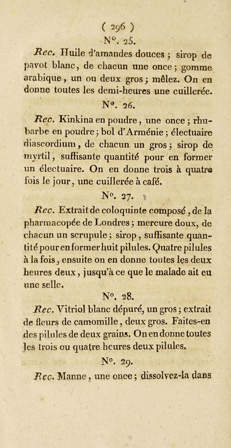 •N^^. 25. Hec, Huile d’amandes douces \ sirop de pavot blanc, de chacun une once; gomme arabique, un ou deux gros ; mêlez. On en donne toutes les demi-heures une cuillerée. N^. 25. Hec, Kinkina en poudre, une once ; rhu- barbe en poudre; bol d’Arménie; électuaire diascordium, de chacun un gros ; sirop de myrtil, suffisante quantité pour en former un électuaire. On en donne trois à quatre fois le jour, une cuillerée à café. 27. ^ Rec, Extrait de coloquinte composé, de la pharmacopée de Londres ; mercure doux, de chacun un scrupule; sirop, suffisante quan- tité pour enfermer huit pilules. Quatre pilules à la fois, ensuite on en donne toutes Içs deux heures deux, jusqu’à ce que le malade ait eu une selle. 28, Rec, Vitriol blanc dépuré, un gros ; extrait de fleurs de camomille, deux gros. Faites-en des pilules de deux grains. On en donne toutes les trois ou quatre heures deux pilules. N^. 29. Rec, Manne, une once ; dissolvez-la dans