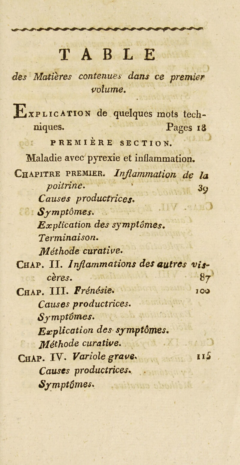 TABLE des Matières contenues dans ce premier volume, jiiXPLicATiON de quelques mots tech- niques. Pages iS I PREMIÈRE SECTION. Maladie avec pyrexie et inflammation* Chapitre premier. Inßammation de la poitrine* * ' Causes productrices* : Symptômes* . - • ^ Explication des symptômes. Terminaison, Méthode curative* Chap. II. Inflammations des autres vis- cères, 87^ Chap. III. Frénésie* 100 Causes productrices. Symptômes* Explication des symptômes. Méthode curative* QrKV* VI* Variole grave* ^ ni Causes productrices. Symptômes*
