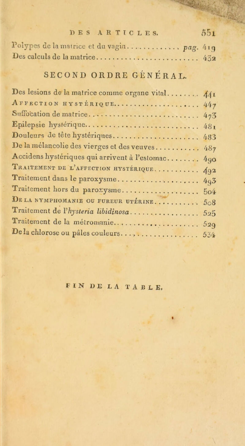 Polypes de la matrice et du vagin pag. 4i q Des calculs de la matrice 432 \ • SECOND ORDRE GENERAL* Des lésions de la matrice comme organe vital i Affection hystérique 44 ^ Suffocation de matrice. 4^3 Epilepsie hystérique 43 t Douleurs de tête hystériques 4^3 De la mélancolie des vierges et des veuves 4 Accidens hystériques qui arrivent à l’estomac 4qo fpi • *■ 1 RAITEMENT DE L AFFECTION HYSTERIQUE Traitement dans le paroxysme 4qg Traitement hors du paroxysme 5o4 Delà nymphomanie ou fureur utérine. .? 5o8 Traitement de Vhysteria libidinosa 525 Traitement de la métromanie.. 529 Delà chlorose ou pâles couleurs. . -, 534