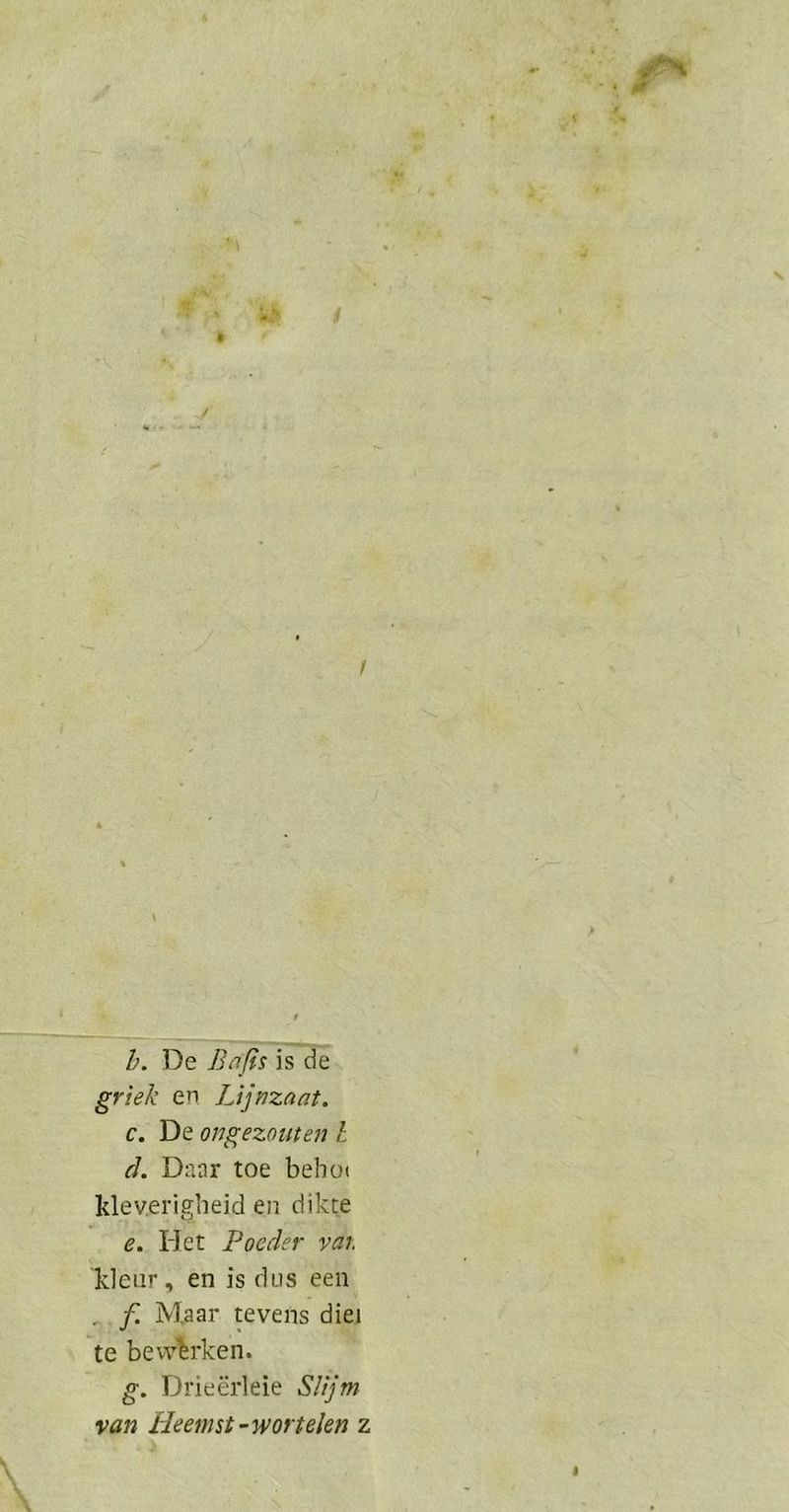 b. De Bafis is de griek en Lijnzaat. c. De ongezouten E d. Daar toe beho« kleverigheid en dikte @e. Het Poeder var, kleur, en is dus een „. f. Maar tevens dieı te bewirken. g. Drieörleie Slim van Heemst-worielen z