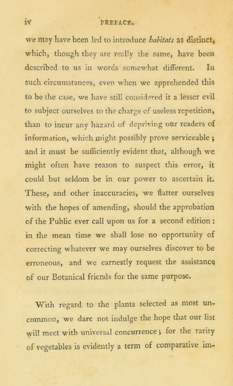 we may have been led to introduce habitats as distinct, which, though they are really the same, have been described to us in words somewhat different. In such circumstances, even when we apprehended this to be the case, we have still considered it a lesser evil to subject ourselves to the charge of useless repetition, than to incur any hazard of depriving otir readers of information, which might possibly prove serviceable ; and it must be sufficiently evident that, although we might often have reason to suspect this error, it could but seldom be in our power to ascertain it. These, and other inaccuracies, we flatter ourselves with the hopes of amending, should the approbation of the Public ever call upon us for a second edition: in the mean time we shall lose no opportunity of correcting whatever we may ourselves discover to be erroneous, and we earnestly request the assistance of our Botanical friends for the same purpose, With regard to the plants selected as most un- common, we dare not indulge the hope that our list will meet with universal concurrence j for the rarity ' of vegetables is evidently a term of comparative im-