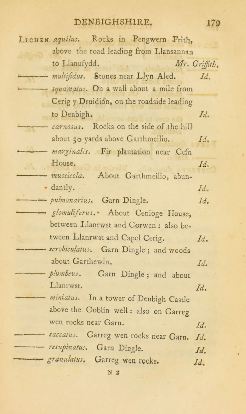 Lichen aquilus. Rocks in Pengwern Frith, above the road leading from Llansannan to Llanufydd. Mr. Crljfith^ • multifidus. Stones near Llyn Aled. Id. squamatus. On a wall about a mile from Cerig y Druididn, on the roadside leading to Denbigh, Id. ^ carnosus. Rocks on the side of the hill about 50 yards above Garthmeilio. Id. '— margin alls. Fir plantation near Cefn House. Id. musclcola. About Garthmeilio, abun- ' dantly. Id, pulmonarius. Garn Dingle. Id. glomuliferus. • About Cenioge House, between Llanrwst and Corwen ; also be- tween Llanrwst and Capel Cerig. Id, '' scrobiculatus. Garn Dingle ; and woods about Garthewin. j^, plumbeus. Garn Dingle j and about Llanrwst. miniatus. In a tower of Denbigh Castle above the Goblin well: also on Garreo &amp; wen rocks near Garn. ^accatus. Garreg wen rocks near Garn. Id. resupinatus. Garn Dingle. ■ granulatus, Garreg wen rocks. Id. N 2