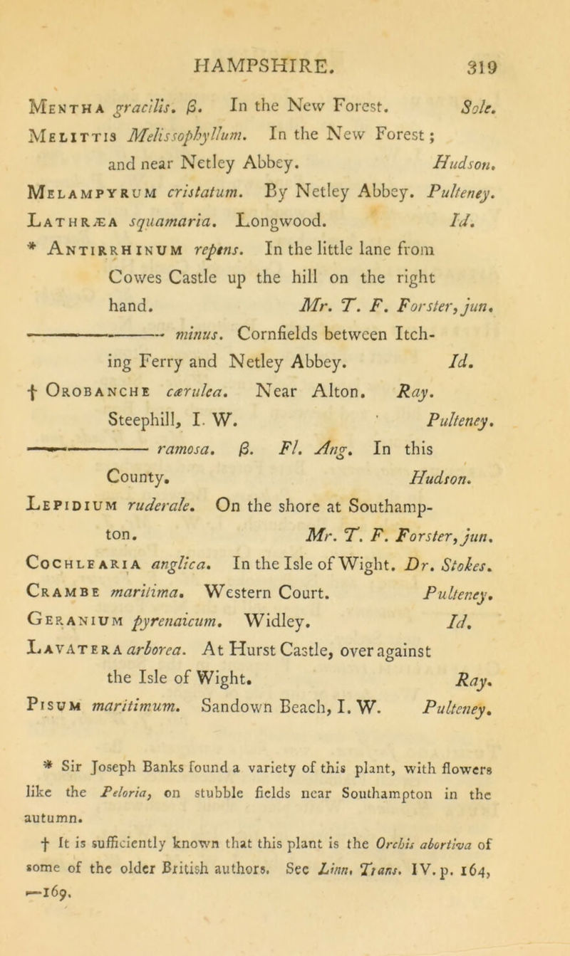 Mentha grac'iUs, jS. In the New Forest. Soh, Melittis Melissophyllum. In the New Forest; and near Netley Abbey. Hudson, Mel AMPYRUM cristatum. By Netley Abbey. Pulteney. Lathr^a sqiiamaria. Longwood. IJ. * Antirrhinum reptns. In the little lane from Cowes Castle up the hill on the right hand. Mr. T. F. Forster, jun, minus. Cornfields between Itch- ing Ferry and Netley Abbey. Id. f Orobanche caruka. Near Alton. Ray. Steephill, I. W. Pulteney. ramosa, /S. FI. Ang. In this County. Hudson. Lepidium ruder ale. On the shore at Southamp- ton. Mr. F. F. Forster, jun, Cochlfaria anglica. In the Isle of Wight. Z)r. Crambe maritima. Western Court. Pulteney, Geranium pyrenaicttm. Widley. Id. A.T1.KA. arborea. At Hurst Castle, overagainst the Isle of Wight. Ray. PisuM maritimum. Sandown Beach, I. W. Pulteney. * Sir Joseph Banks found a variety of this plant, with flowers like the Peloria, on stubble fields near Southampton in the autumn. f It is sufficiently known that this plant is the Orchis abortiva of some of the older British authors. See Linn, Fans. IV. p. 164, '—169.