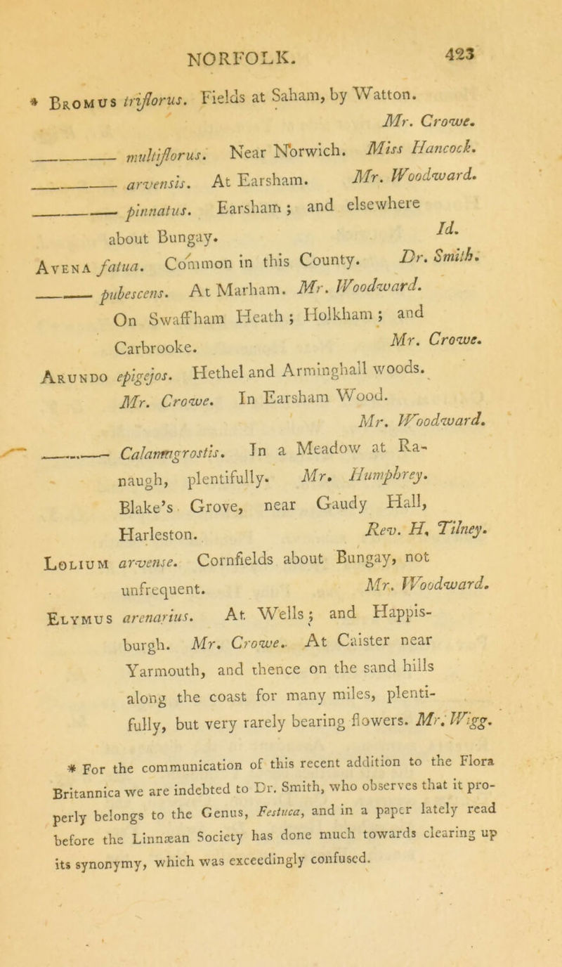 BromusFields at Saham, by Watton. Mr. Cronve. mult'iforus. Near ISTorwlch. Miss Hancock. arvensh. At Earsham. Mr. Wood-ward. p'lnnalus. Earsham ; and elsewhere about Bungay. Avena fatua. Common in this County. Dr. Smilh. pubesccns. At Marham. Mr. Woodward. On Swaffham Heath; Holkham; and Carbrooke. Arundo epigejos. Hethel and Armlnghall woods. Mr. Crowe. In Earsham Wood. Mr. VFoodivard. —^ CaJarmgrostis. In a Meadow at Ra- naugh, plentifully. Mr. llumphrey. Blake’s Grove, near Gaudy Hall, Harleston. Ken). H. Dilney. t Lolium arwense. Cornfields about Bungay, not unfrequent. Mr. IVood-ward. Elymus arenayins. At Wells; and Happis- burgh. Mr. Crowe.. At Caister near Yarmouth, and thence on the sand hills along the coast for many miles, plenti- fully, but very rarely bearing flowers. Mr.Wigg. For the communication of this recent addition to the Flora Britannica we are indebted to Dr. Smith, who observes that it pro- perly belongs to the Genus, Festuca, and in a paper lately read before the Linnsean Society has done much towards clearins up its synonymy, which was exceedingly confused.