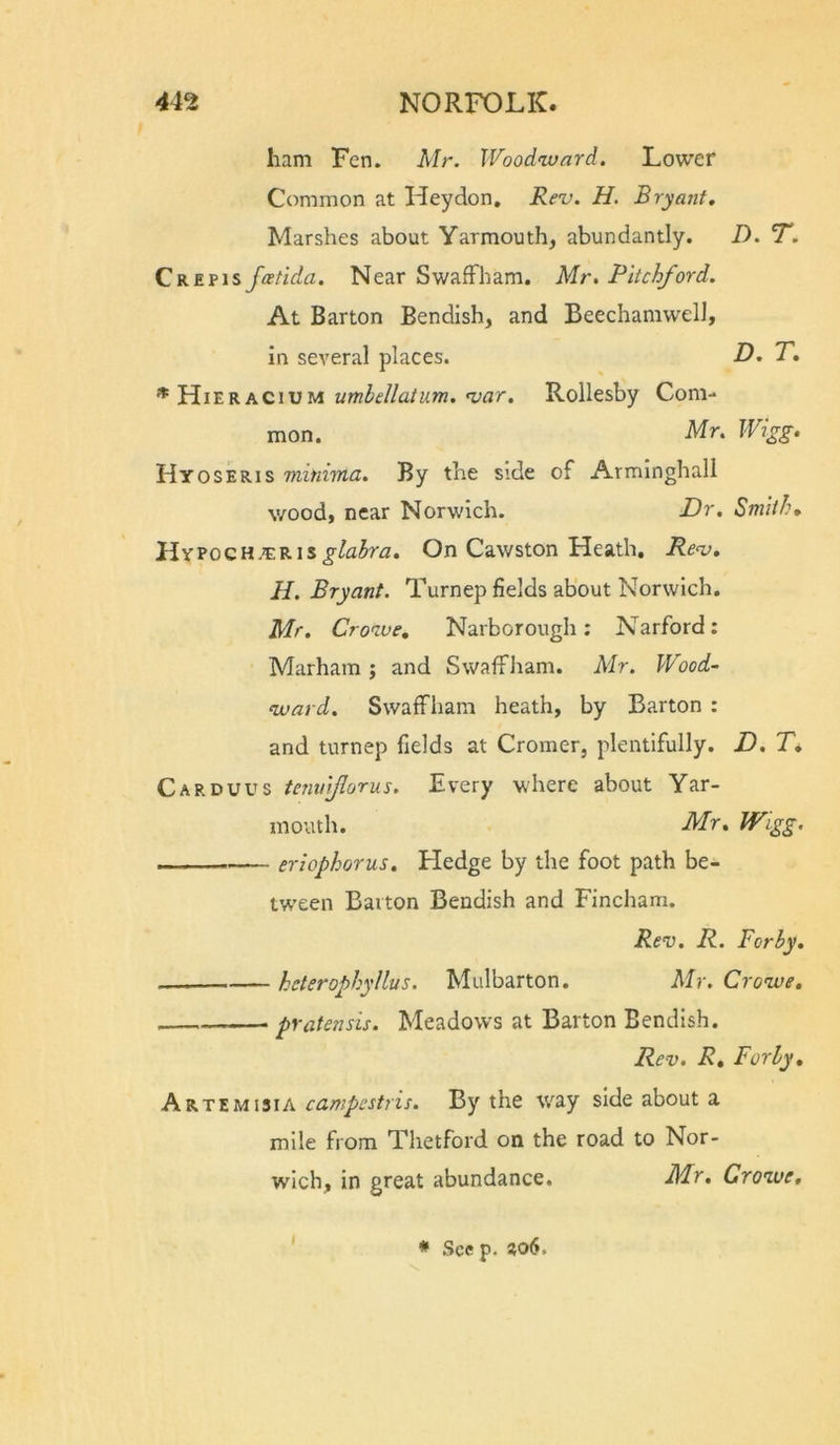 ham Fen. Mr. Woodward. Lower Common at Hey don. Rev. H. Bryant. Marshes about Yarmouth, abundantly. D. C RE pis fastida. Near SwafFham. Mr, Pltchford. At Barton Bendish, and Beechamwell, in several places. F, * Hieracium Rollesby Com- mon. Mr, Wi^g. Hy osERis minima, By the side of Arminghall v/ood, near Norwich. Dr, Smith, glabra. On Cawston Heath, Rev, H, Bryant. Turnep fields about Norwich, Mr. Crowe, Narborough: Narford; Marham j and SwalTham. Mr. Wood~ ward. Swaffham heath, by Barton : and turnep fields at Cromer, plentifully. D, T, Carduus teninjlorus. Every where about Yar- mouth. Mr, Wigg. eriophorus. Hedge by the foot path be- tween Barton Bendish and Fincham. Rev. R. For by, hcterophyllus. Mulbarton. Mr. Crowe. pratensis. Meadows at Barton Bendish. Rev. R, Forby, Artemisia campestris. By the way side about a mile from Thetford on the road to Nor- wich, in great abundance, Mr, Crowe, * See p. «o6.