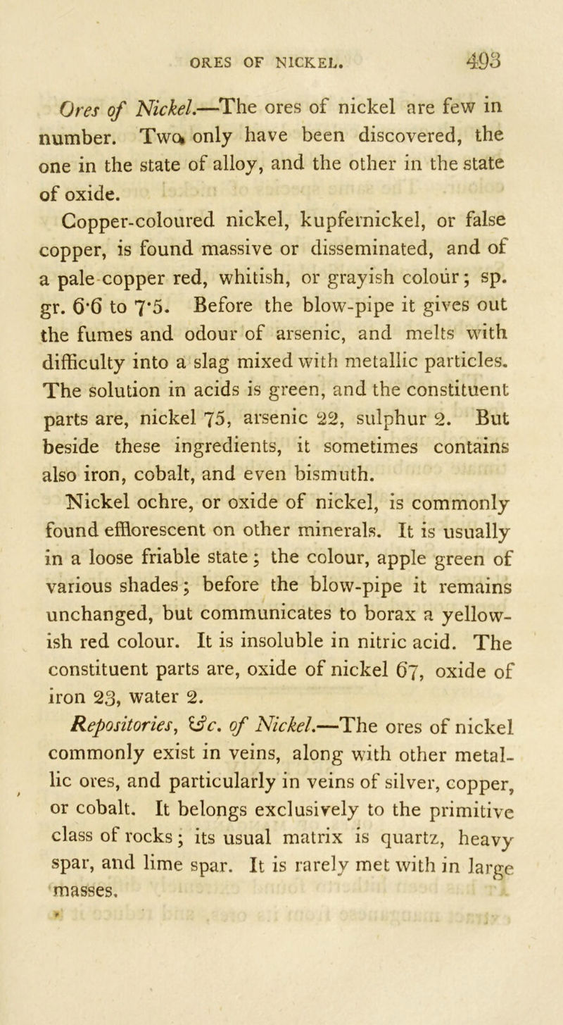 Ores of Nickel.—The ores of nickel are few in number. Two* only have been discovered, the one in the state of alloy, and the other in the state of oxide. Copper-coloured nickel, kupfernickel, or false copper, is found massive or disseminated, and of a pale copper red, whitish, or grayish colour; sp. gr. 6*6 to 7*5. Before the blow-pipe it gives out the fumes and odour of arsenic, and melts with difficulty into a slag mixed with metallic particles. The solution in acids is green, and the constituent parts are, nickel 75, arsenic 22, sulphur 2. But beside these ingredients, it sometimes contains also iron, cobalt, and even bismuth. Nickel ochre, or oxide of nickel, is commonly found efflorescent on other minerals. It is usually in a loose friable state; the colour, apple green of various shades; before the blow-pipe it remains unchanged, but communicates to borax a yellow- ish red colour. It is insoluble in nitric acid. The constituent parts are, oxide of nickel 67, oxide of iron 23, water 2. Repositories, %3c. of Nickel.—The ores of nickel commonly exist in veins, along with other metal- lic ores, and particularly in veins of silver, copper, or cobalt. It belongs exclusively to the primitive class ot rocks; its usual matrix is quartz, heavy spar, and lime spar. It is rarely met with in large masses.