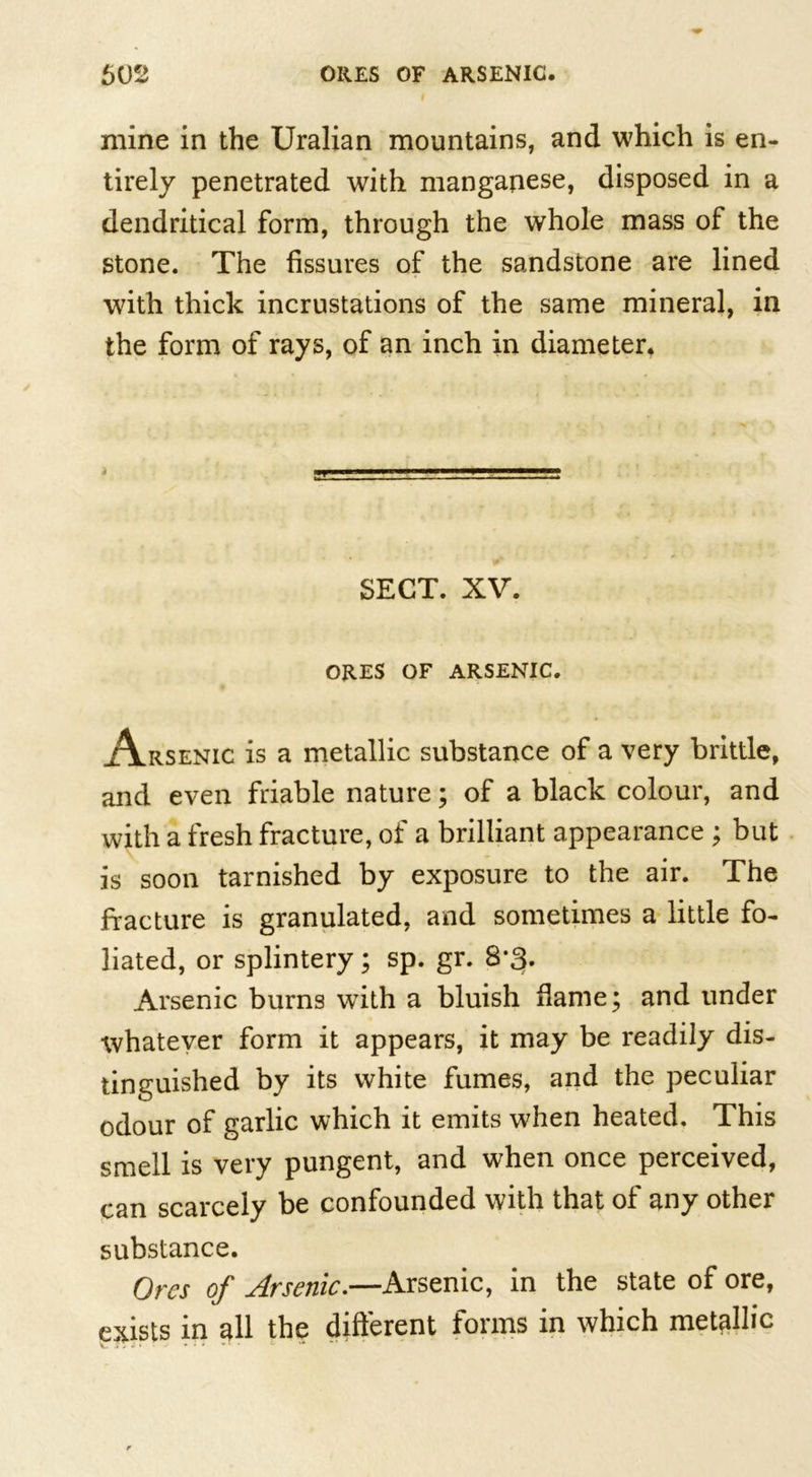 mine in the Uralian mountains, and which is en- tirely penetrated with manganese, disposed in a dendritical form, through the whole mass of the stone. The fissures of the sandstone are lined with thick incrustations of the same mineral, in the form of rays, of an inch in diameter. SECT. XV. ORES OF ARSENIC. .Arsenic is a metallic substance of a very brittle, and even friable nature; of a black colour, and with a fresh fracture, of a brilliant appearance ; but is soon tarnished by exposure to the air. The fracture is granulated, and sometimes a little fo- liated, or splintery; sp. gr. 8*3. Arsenic burns with a bluish flame; and under whatever form it appears, it may be readily dis- tinguished by its white fumes, and the peculiar odour of garlic which it emits when heated. This smell is very pungent, and when once perceived, can scarcely be confounded with that of any other substance. Ores of Arsenic.—Arsenic, in the state of ore, exists in all the different forms in which metallic