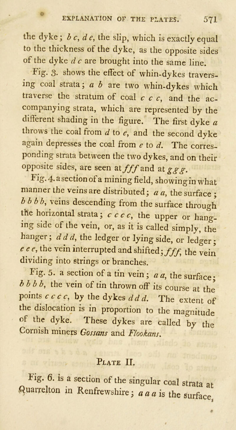 EXPLANATION OF THE PLATES. 571 the dyke; b c, d e, the slip, which is exactly equal to the thickness of the dyke, as the opposite sides of the dyke d c are brought into the same line. Fig. 3. shows the effect of whin-dykes travers- ing coal stiata \ ci b are two whin-dykes which tiaverse the stiatum of coal c c c, and the ac- companying strata, which are represented by the different shading in the figure. The first dyke a throws the coal from d to &lt;?, and the second dyke again depresses the coal from e to d. The corres- ponding strata between the two dykes, and on their opposite sides, are seen at fff and at ggg. Fig. 4. &amp; section of a mining field, showingm wThat manner the veins are distributed; a a, the surface ; b b b b, veins descending from the surface through the horizontal strata; c c c c, the upper or hang- ing side of the vein, or, as it is called simply, the hanger; d d d, the ledger or lying side, or ledger; e ee, the vein interrupted and shifted \fff the vein dividing into strings or branches. fig. 5. a section of a tin vein; a a, the surface; bbbb, the vein of tin thrown off its course at the points c c c c, by the dykes ddcL The extent of the dislocation is in proportion to the magnitude of the dyke. These dykes are called by the Cornish miners Gossans and Flookans. Plate II. iig. 6. is a section of the singular coal strata at Quarrelton tn Renfrewshire; a a a is the surface,