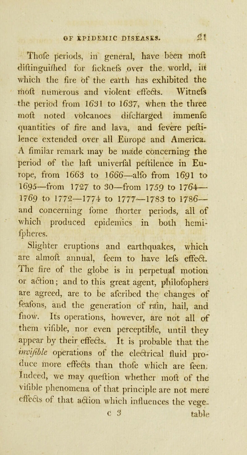 Thofe periods, in general, have been moil diftinguifhed for ficknefs over the. world, irt which tiie fire of the earth has exhibited the rhoft numerous and violent effedts. Witnefs the period from 1631 to 1637, when the three moil noted volcanoes difcharged immenfe quantities of fire and lava, and fevere pefti- lence extended over all Europe and America. A fimilar remark may be made concerning the period of the laft univerfal peftilence in Eu- rope, from 1663 to 1666—alfo from 1691 to 1695—from 1727 to 30—from 1759 to 1764— 1769 to 1772—1774 to 1777—1783 to 1786— and concerning fome ihorter periods, all of which produced epidemics in both hemi- fpheres. Slighter eruptions and earthquakes, which are almoit annual, feem to have lefs effedt. * » , The fire of the globe is in perpetual motion or adtion; and to this great agent, philofophers are agreed, are to be afcribed the changes of feafons, and the generation of rain, hail, and hiow. Its operations, however, are not all of them vifible, nor even perceptible, until they appear by their effects. It is probable that the invisible operations of the electrical fluid pro- duce more effects than thofe which are feem Indeed, we may queftion whether moft of the vifible phenomena of that principle are not mere effects of that action which influences the ves;e- c 3 table