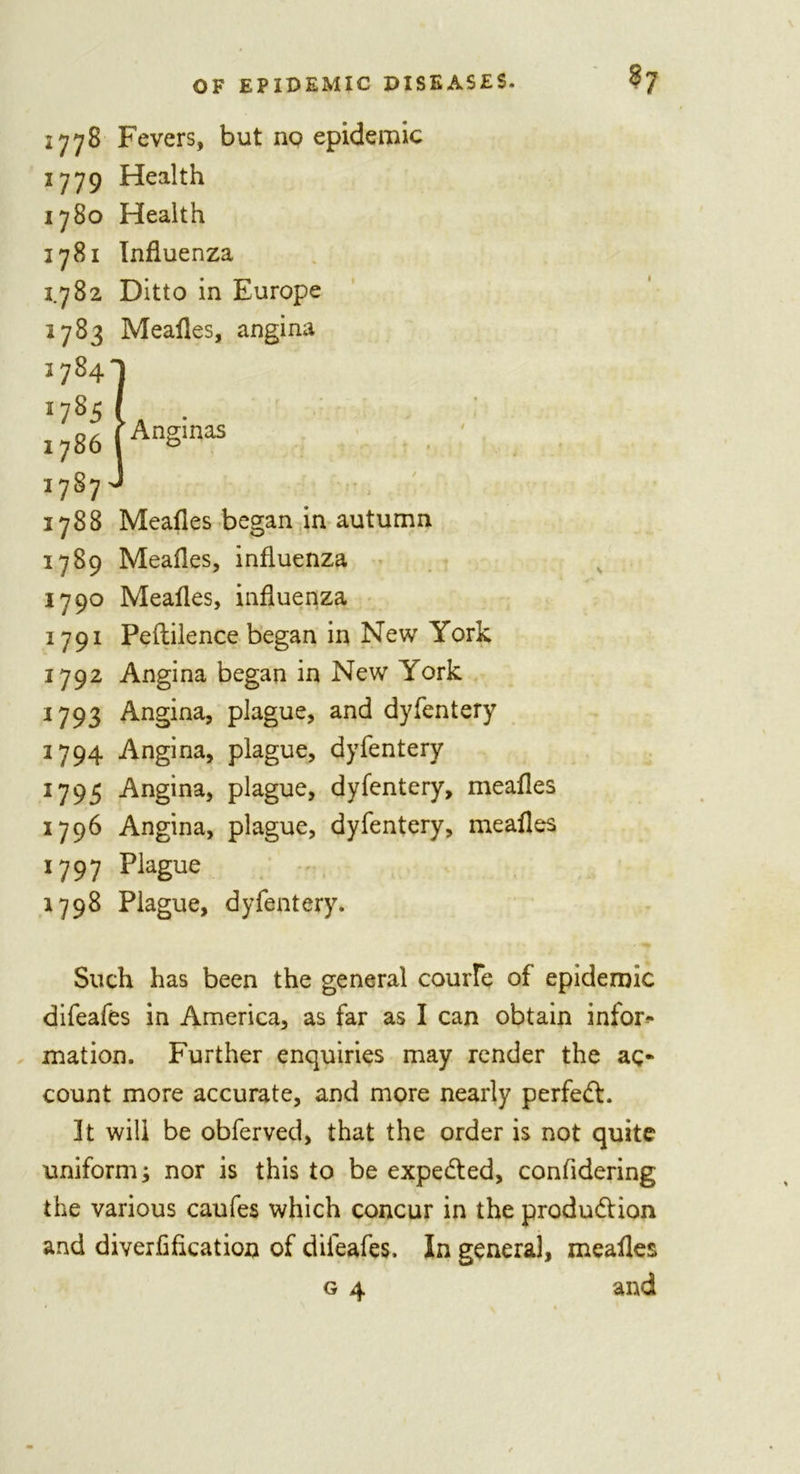 2778 Fevers, but no epidemic z 779 Health 1780 Health 3781 Influenza 3.782 Ditto in Europe 2783 Mealies, angina 3784-1 1785 [ 1786 I 1787 J Anginas 1788 Mealies began in autumn 1789 Mealies, influenza 1790 Mealies, influenza 1791 Peflilence began in New York 1792 Angina began in New York 1793 Angina, plague, and dyfentery 1794 Angina, plague, dyfentery 1795 Angina, plague, dyfentery, mealies 1796 Angina, plague, dyfentery, mealies 1797 Plague 1798 Plague, dyfentery. 1 \ Such has been the general couiTe of epidemic difeafes in America, as far as I can obtain infor- mation. Further enquiries may render the ac- count more accurate, and more nearly perfect. 3t will be obferved, that the order is not quite uniform; nor is this to be expe&amp;ed, confidering the various caufes which concur in the produdtion and diverfification of difeafes. In general, mealies g 4 and