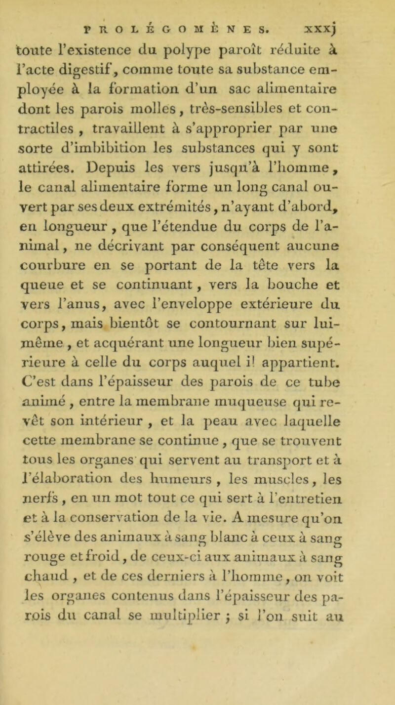 f V • toute l’existence du polype paroît réduite à l’acte digestif, comme toute sa substance em- ployée à la formation d’un sac alimentaire dont les parois molles, très-sensibles et con- tractiles , travaillent à s’approprier par une sorte d’imbibition les substances qui y sont attirées. Depuis les vers jusqu’à l’homme, le canal alimentaire forme un long canal ou- vert par ses deux extrémités, n’ayant d’abord, en longueur , que l’étendue du corps de l’a- nimal , ne décrivant par conséquent aucune courbure en se portant de la tête vers la queue et se continuant, vers la bouche et vers l’anus, avec l’enveloppe extérieure du corps, mais bientôt se contournant sur lui- mêine , et acquérant une longueur bien supé- rieure à celle du corps auquel i! appartient. C’est dans l’épaisseur des parois de ce tube animé , entre la membrane muqueuse qui re- vêt son intérieur , et la peau avec laquelle cette membrane se continue , que se trouvent tous les organes qui servent au transport et à l’élaboration des humeurs, les muscles, les nerfs , en un mot tout ce qui sert à l’entretien et à la conservation de la vie. A mesure qu’on s’élève des animaux à sans blanc à ceux à sansr rouge et froid, de ceux-ci aux animaux à sang chaud , et de ces derniers à l’homme, on voit les organes contenus dans l’épaisseur des pa- rois du canal se multiplier ; si l’on suit au