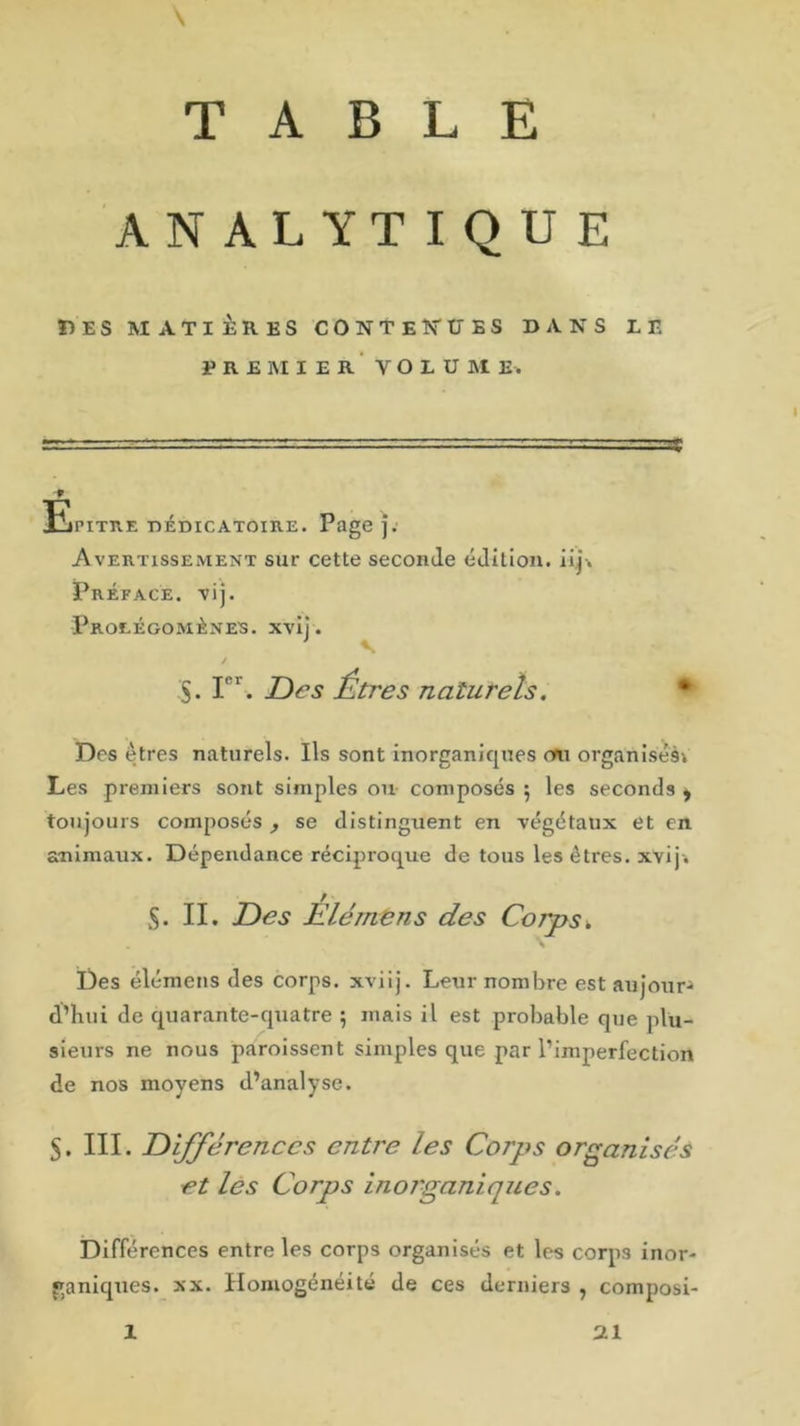 TABLE ANALYTIQUE Des matières contenues dans le PREMIER VOLUME. Epitre dédicatoire. Page j. Avertissement sur cette seconde édition, iij-. Préface, vij. Prolégomènes, xvij. / S. Ier. Des Êtres naturels. Des êtres naturels. Ils sont inorganiques rm organisés; Les premiers sont simples ou composés $ les seconds , toujours composés , se distinguent en végétaux et en animaux. Dépendance réciproque de tous les êtres, xvij'. $. II. Des Elémens des Corpsk Des élémcns des corps, xviij. Leur nombre est au jour- d’hui de quarante-quatre 5 mais il est probable que plu- sieurs ne nous paroissent simples que par l’imperfection de nos moyens d’analyse. 5. III. Différences entre les Corps organisés et les Corps inorganiques. Différences entre les corps organisés et les corps inor- ganiques. xx. Homogénéité de ces derniers , composi-