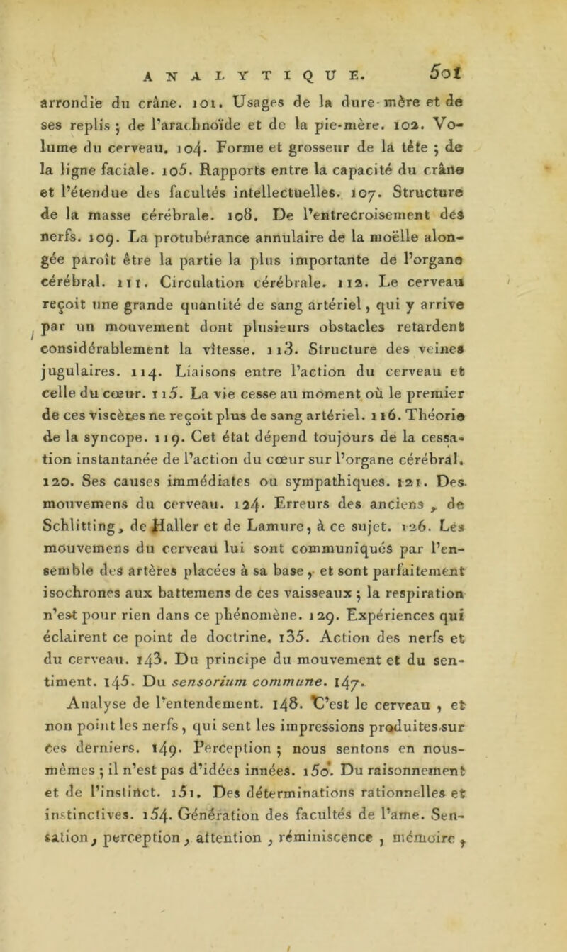 arrondie du crâne. 10t. Usages de la dure-mère et de ses replis ; de l'arachnoïde et de la pie-mère. 102. Vo- lume du cerveau. io4- Forme et grosseur de la tête ; de la ligne faciale. io5. Rapports entre la capacité du crâne et l’étendue des facultés intellectuelles. 107. Structure de la masse cérébrale. 108. De l’entrecroisement des nerfs. 109. La protubérance annulaire de la moëlle alon- gée paroit être la partie la plus importante de l’organe cérébral. 111. Circulation cérébrale. 112. Le cerveau reçoit une grande cjuantité de sang artériel, qui y arrive par un mouvement dont plusieurs obstacles retardent considérablement la vitesse. ii3. Structure des veines jugulaires. 114. Liaisons entre l’action du cerveau et celle du cœur. 115. La vie cesse au moment où le premier de ces viscèces ne reçoit plus de sang artériel. 116. Théorie de la syncope. 119. Cet état dépend toujours de la cessa- tion instantanée de l’action du cœur sur l’organe cérébral. 120. Ses causes immédiates ou sympathiques. 121. Des mouvemens du cerveau. 124- Erreurs des anciens , de Schlitting, de Jdaller et de Lamure, à ce sujet. 126. Les mouvemens du cerveau lui sont communiqués par l’en- semble des artères placées à sa base, et sont parfaitement isochrones aux battemens de ces vaisseaux } la respiration n’est pour rien dans ce phénomène. 129. Expériences qui éclairent ce point de doctrine. i35. Action des nerfs et du cerveau. ï43. Du principe du mouvement et du sen- timent. 145. Du sensorium commune. 147. Analyse de l’entendement. 148. TU’est le cerveau , et non point les nerfs, qui sent les impressions produitessur Ces derniers. 149- Perception 5 nous sentons en nous- mêmes ; il n’est pas d’idées innées. i5o*. Du raisonnement et de l’instirtct. i5i. Des déterminations rationnelles et instinctives. i54- Génération des facultés de Partie. Sen- sation, perception, attention , réminiscence , mémoire ,