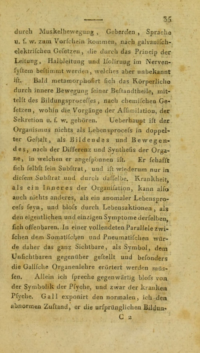 / 35 durch Muskelbewegung , Geberden , Sprache u. f. w. zum Vorlchein kommen, nach galvanifch- elektrilchen Geietzen, die durch das Princip der Leitung, HalbJeitung und lfoiirung im Nerven- lyftem beftimmt werden, welches aber unbekannt ift. Bald metamorphofirt lieh das Körperliche durch innere Bewegung feiner Beftandtheile, mit- tels des Bildungsproceffes , nach chemiichen Ge- fetzen, wohin die Vorgänge der Affimilation, der Sekretion u, f. w. gehören. Ueberhaupt ift der Organismus nichts als Lebensprocefs in doppel- ter Geltalt, als Bildendes und Bewegen- des, nach der Differenz und Synthefis der Orga- ne, in welchen er angefpbnnen ift. Er fchafft lieh lelbft lein Subftrat, und ift wiederum nur in diefem Subftrat und durch daffelbe. Krankheit, als ein Inneres der Organifation, kann alfo 1 ’ i auch nichts anderes, als ein anomaler Lebenspro- cefs fevn, und blofs durch Lebensaktionen, als den eigentlichen und einzigen Symptome derfelben, fich offenbaren. In einer vollendeten Parallele zwi- fchen dem Somatifcfyen und Pneumatifchen wür- de daher das ganz Sichtbare, als Symbol, dem Unfichtbaren gegenüber geftellt und befonders die Galifche Organenlehre erörtert werden miis- fen. Allein ich Ipreche gegenwärtig blofs von der Symbolik der Pfyche, und zwar der kranken rfyche. Gail exponirt den normalen, ich den abnormen Zuftand, er die urfprünglichen Bildun» . . Ca