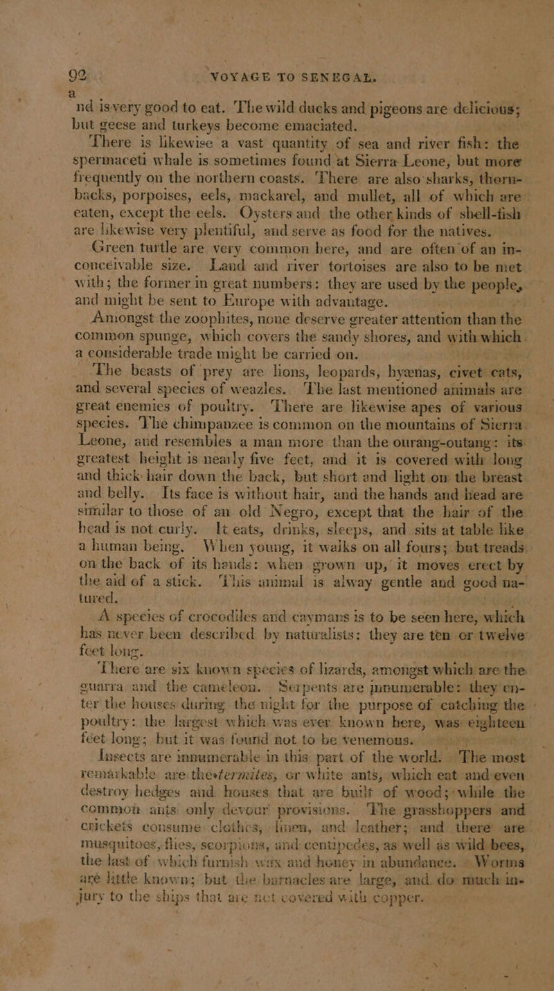 a nd isvery good to eat. The wild ducks and pigeons are di but geese and turkeys become emaciated. à There is likewise a vast quantity of sea and river fish: the spermaceti whale is sometimes found at Sierra Leone, but more frequently on the northern coasts. ‘There are also sharks, thern- eaten, except the eels. Oysters and the other kinds of shell-fish are likewise very plentiful, and serve as food for the natives. with; the former in great numbers: they are used by the people, and might be sent to Europe with advantage. Aniongst the zoophites, none deserve greater attention than the a considerable trade might be carried on. | The beasts of | prey are hons, leopards, hyanas, ciel cats, and several species of weazles. ‘The last mentioned animals are great enemies of poultry. There are likewise apes of various Leone, aud resembles a man more than the ourang-outang: its greatest height is nearly five fect, and it is covered with long and thick: hair down the back, but short and light on the breast and belly. Its face is without hair, and the hands and bead are similar to those of an old Negro, except that the hair of the head is not curiy. It eats, drinks, sleeps, and sits at table like a human being. When young, it waiks on all fours; but treads: on the back of its hends: when grown up, it moves erect by the aid of a stick. ‘This animal is alway gentle and good na- tured. A species of crocediles and caymans is to be seen here, sith has never been described by naturalists: they are ten or twelve feet long. ‘There are six known species of lizards, amongst which are tte guarra and the cameleon. Serpents are innumerable they en- ter the houses during the night for the purpose of catching the poultry: the largest which was ever known bere, was eighteen feet long; but it was found not to be venemous. &gt; &gt; Insects aré imaumérable-in this part of the world. The most remarkable are thestermites, er white ants, which eat and even destroy hedges and: houses that are built of wood; while the common ants only devour provisions. ‘The grasshoppers and crickets consume clothes, linen, and leather; and there are musquitoes, flies, scorpions, and: centipedes, as well as wild bees, the last of which furnish wax and honey in abundance. = Worms are httle known; but the. barnacles are large, and. do much ine jury to the ships that are net covered with copper