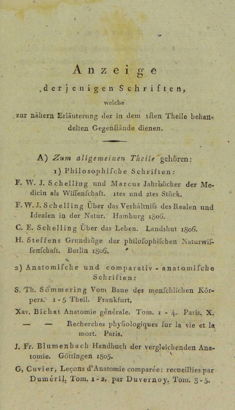 ,derjenigen Schriften, welclie ,zur nähern Erläuterung der in dem iften Theile behail-. deken Gegenftände dienen. - A) Zum allgemeinen ^gehören: ^ i) Philosophifche Schriften: F. W. J. Schellrng und Marcus Jahrkiicher der Me- dicin als Willen ich a ft. ites und ztes Stück. F. W. J. Sch elling Über das Verhältnifs des Realen und Idealen in der Natur. Hamburg iSo6. C. E. Sch elling Über das Leben. Landshut 1806. H. Steffens Grundzüge der philofophifchen ISaturwif- fenfchaft. Berlin i8ü6, * 2) Anatomifche und comparativ - anatomifche S ch ri f ten: \ S. Th. Sömmering Vom Baue des menfchlichen Kör- pers. i-5Tfaeil. Frankfurt, Xav. Bichat Anatomie generale. Tom. i - 4.- Paris. X. — — Recherches phyfrologiques für la vie et la mort. Paris. J. Fr. Blumenbach Handbuch der vergleichenden Ana- tomie. Göttingen 1805. ' G, Cuvier, Lecons d’Anatomie comparee: recueillies par Dumeril. Tom. 1-2. par Duvernoy. Tom. 3-5.