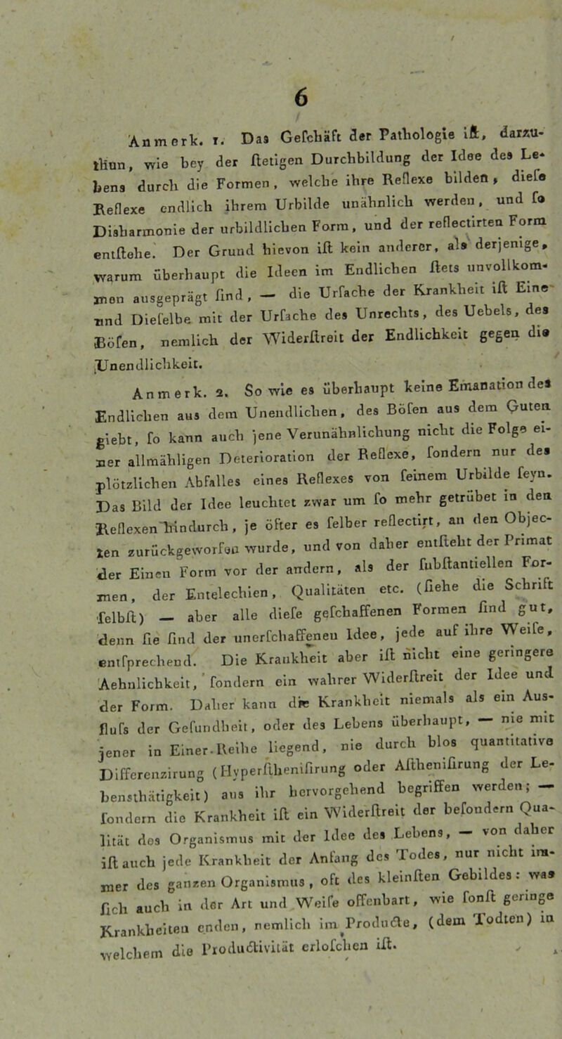 Anmerk. I. Das Gerdiäft der Patkologie illl, darzu- tÜnn. wie bey der fletlgen Durchbildung der Idee des Le* bens durch die Formen, welche ihre Reflexe bilden , diefe Reflexe endlich Ihrem Urbilde unähnlich werden, und f» Disharmonie der urbildlichen Form, und der reflectlrten Fmnx emftehe. Der Gruud hievon ift kein anderer, als derjenige, warum überhaupt die Ideen im Endlichen ßets unvollkom* men ausgeprägt find, - die Urfache der Krankheit ift Ein©- tind Dielelbe mit der Urfache des Unrechts, des Uebels, des Eöfen, nemlich der Widerftreit der Endlichkeit gegen di» (Unendlichkeit. Anmerk. 2. Sowie es überhaupt keine Emanation des Endlichen aus dem Unendlichen, des Böfen aus dem Quten giebt, fo kann auch jene Verunähnlichung nicht die Folge ei- ner allmähligen Deterioration der Reflexe, fondern nur des plützllchen Abfalles eines Reflexes von feinem Urbilde feyn. Das Bild der Idee leuchtet xwar um fo mehr getrubet in den Reflexen-hindurch. je öfter es felber reflectlrt. an den Objec len zurückgeworfen wurde, und von daher entfieht der Primat der Einen Form vor der andern, als der fiibftantieilen For- men. der Entelechlen, Qualitäten etc. (üehe die Schrift ■felbft) - aber alle diefe gefcbaffenen Formen find gut, denn fie find der unerfchaffeneu Idee, jede auf ihre Weife, enifprechend. Die Krankheit aber iß nicht eine geringere Aehnlichkelt,’fondern ein wahrer Wlderflreit der Idee und der Form. Daher kann die Krankheit niemals als ein Aus- flufs der Gefurulbeit. oder des Lebens überhaupt, — me mit jener in Einer-lleihe liegend, nie durch blos quantitative Dlffcrcnzirung (Hyperßhenifirung oder Aßhenifirung der Le- bensihätigkeit) aus ihr hervorgehend begriffen werden; - fondern die Krankheit iß ein Wlderßrelt der befondern Qua- lität dos Organismus mit der Idee des Lebens, — von daher iß auch jede Krankheit der Antang des Todes, nur nicht im- mer des ganzen Organismus, oft des klelnßen Gebildes. was ßch auch in der Art und Weife offenbart, wie fonß geringe Krankheiten enden, nemlich im^Produde, (dem Todten) in welchem die Produdivilät erlofchen iß.