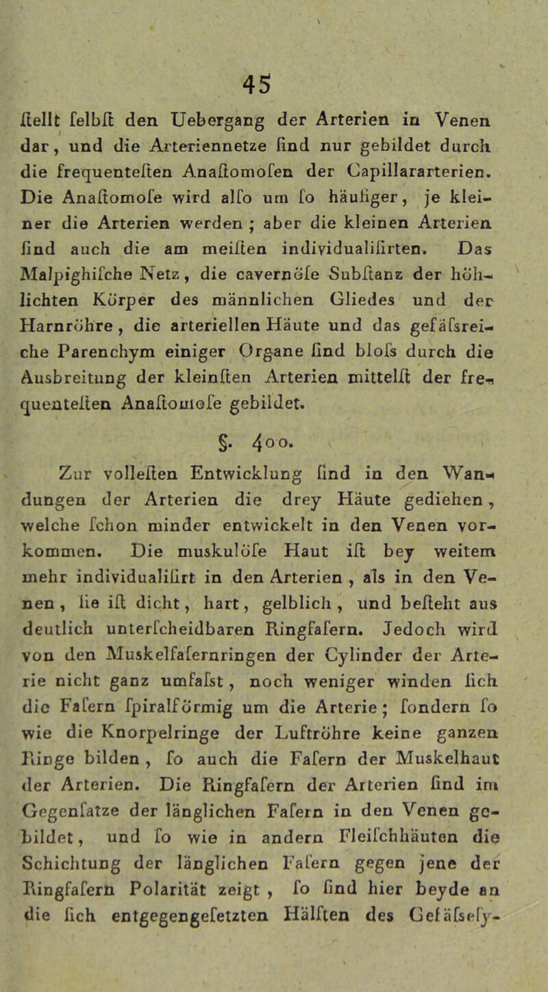 ftellt felbfi den Uebergang der Arterien in Venen dar, und die Arteriennetze find nur gebildet durch die frequenteften Anafiomofen der Capillararterien. Die Anafiomofe wird alfo um fo häufiger, je klei- ner die Arterien werden ; aber die kleinen Arterien find auch die am meiften indiyidualifirten. Das Malpighifche Netz, die cavernöfe Subfianz der hell- lichten Körper des männlichen Gliedes und der Harnröhre , die arteriellen Häute und das gefäfsrei- che Parenchym einiger Organe find blofs durch die Ausbreitung der kleinften Arterien mittelfi der fre^ quenteften Anafiomofe gebildet. §. 4°o. Zur vollefien Entwicklung find in den Wan- dungen der Arterien die drey Häute gediehen, welche fchon minder entwickelt in den Venen Vor- kommen. Die muskulöfe Haut ift bey weitem mehr individualifirt in den Arterien , als in den Ve- nen , lie ifi dicht, hart, gelblich , und befiehl aus deutlich unterfcheidbaren Ringfafern. Jedoch wird von den Muskelfafernringen der Cylinder der Arte- rie nicht ganz umfafst, noch weniger winden lieh die Fafern fpiralförmig um die Arterie ; fondern fo wie die Knorpelringe der Luftröhre keine ganzen Ringe bilden , fo auch die Fafern der MuskelhauC der Arterien. Die Piingfafern der Arterien find im Gegenfatze der länglichen Fafern in den Venen ge- bildet, und fo wie in andern Fleilchhäuten die Schichtung der länglichen Fafern gegen jene der Piingfafern Polarität zeigt , fo find hier beyde an die fich entgegengefetzten Hälften des Gefäfsefy-