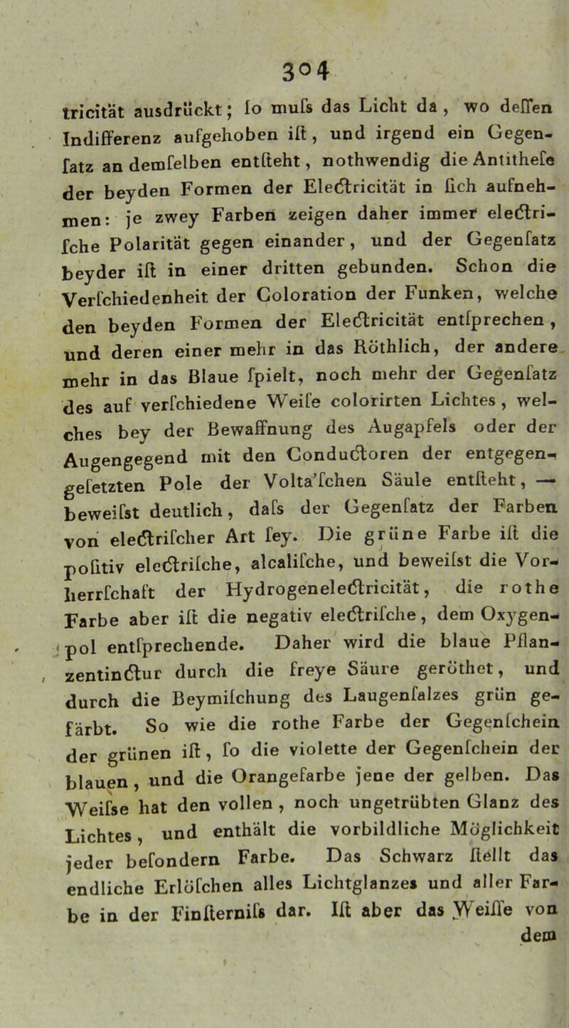 3°4 tricitat ausdrückt; Io mufs das Licht da , wo deflen Indifferenz aufgehoben ift , und irgend ein Gegen- fatz an demfelben entlieht, nothwendig dieAntithefe der beyden Formen der Eledlricität in Geh aufneh- men: je zwey Farben zeigen daher immer eledtri- fche Polarität gegen einander, und der Gegenfatz beyder ift in einer dritten gebunden. Schon die Verfchiedenheit der Goloration der Funken, welche den beyden Formen der Eletftricität entfprechen , und deren einer mehr in das Röthlich, der andere mehr in das Blaue fpielt, noch mehr der Gegenfatz des auf verfchiedene Weife colorirten Lichtes, wel- ches bey der Bewaffnung des Augapfels oder der Augengegend mit den Conductoren der entgegen-, gefetzten Pole der Volta’fchen Säule entlieht, — beweifst deutlich, dafs der Gegenfatz der Farben von eledlrifcher Art fey. Die grüne Farbe ili die poGtiv eledirilche, alcalifche, und beweilst die Vor- lierrfchaft der Hydrogenelecffricität, die rothe Farbe aber ift die negativ eledlrifche, dem Oxygen- < pol entfprecliende. Daher wird die blaue Pflan- , Zentin(ffur durch die freye Säure gerÖthet, und durch die Beymilchung des Laugenfalzes grün ge- färbt. So wie die rothe Farbe der Gegenlchein der grünen ift , fo die violette der Gegenfchein der blauen , und die Orangefarbe jene der gelben. Das ■Weffse hat den vollen , noch ungetrübten Glanz des Lichtes , und enthält die vorbildliche Möglichkeit jeder befondern Farbe. Das Schwarz Hellt das endliche Erlöfchen alles Lichtglanzes und aller Far- be in der Finfternifs dar. Ift aber das Reifte von dem