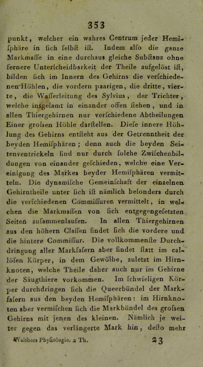 1 punkt, welcher ein wahres Centrum Jeder Hemi- fphäre in fich felbfi ilt. Indem alfo die ganze Markmaffe in eine durchaus gleiche Subfianz ohne fernere Unterlcheidbarkeit der Theile aufgelbst ilt, bilden lieh im Innern des Gehirns die verfchiede- nen'Höhlen, die vordem paarigen, die dritte, vier- te, die Wafferleitung des Sylvius , der Trichter, welche insgefamt in einander offen liehen , und in allen Thiergehirnen nur verfchiedene Abtheilungen Einer grofsen Höhle darßeilen. Diefe innere Höh- lung des Gehirns entßeht aus der Getrenntheit der beyden Hemifphären ; denn auch die beyden Sei* tenventrickeln lind nur durch folche Zwifchenbil- dungen von einander gefchieden, welche eine Ver- einigung des Markes beyder Hemifphären vermit- teln. Die dynamifche Gemeinfchaft der einzelnen Gehirntheile unter lieh iß nämlich belonders durch die verfchiedenen Gommiffuren vermittelt, in wel* chen die Markmalfen von fich entgegpngefetzten Seiten zufammenlaufen. In allen Thiergehirnen aus den hohem Claflen findet fich die vordere und die hintere CommifTur. Die vollkommenfie Durch- dringung aller Markfafern aber findet fiatt im cal- löfen Körper, in dem Gewölbe, zuletzt im Hirn- knoten, welche Theile daher auch nur im Gehirne der Säugthiere Vorkommen. Im Ichwieligen Kör- per durchdringen fich die Queerbündel der Mark- fafern aus den beyden Hemifphären: im Hirnkno- ten aber vermifchen fich die Markbiindel des grofsen Gehirns mit jenen des kleinen. Nämlich je wei- ter gegen das verlängerte Mark hin, deßo mehr IfValthar« Phyfiologic. a Th. % 3