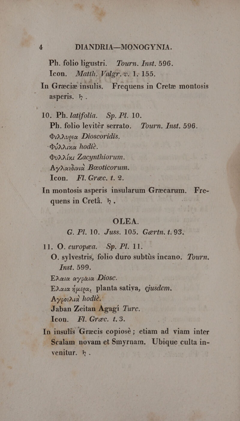 Ph. folio ligustri. — Tourn. Inst. 596. Icon. Matth. Valgr.-v. 1. 155. In Gracie insulis. Frequens in Cret: montosis ^ asperis. 5. 10. Ph./atifolia. Sp. PI. 10. Ph. folio levitér serrato. — Tourn. Inst. 596. O;A Aveo Dioscoridis. duAAIxXa hodió. QuAAÉDu Zacynthiorum. Ay2Aaybiie Bocoticorum. Icon. Fl.Grec. t. 2. In montosis asperis insularum Graecarum. Fre- quens in Cretà. 5. OLEA. G. PI. 10. Juss. 105. G«ertn. t:93. 11. O. europea. ..Sp. PI. 11. | O. sylvestris, folio duro subtüs incano. Tourn. Inst. 599. j E2Aaix oyp&amp;io Diosc. EAaix $j4spx, planta satiya, ejusdem. Avyposhua hodie. Jaban Zeitan Agagi Turc. Icon. 7. Grec. t.3. In insulis Grecis copiosé; etiam ad viam inter Scalam novam et $myrnam, Ubique culta in-