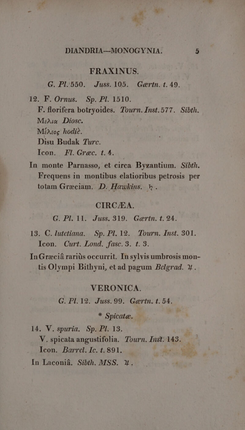 - K p M ^ DIANDRIA—MONOGYNIA. 5 FRAXINUS. .G. Pl.550. Juss. 105. G«ertn. t. 49. 19. F. Ornus. Sp. Pl. 1510. F. florifera botryoides. Tourn. Inst.577. Sibth. Mea Diosc. MéA«og hodie. Disu Budak Turc. Icon. FI. Grec. t.4. In monte Parnasso, et circa Byzantium. Sibth. Frequens in montibus elatioribus petrosis per totam Graeciam. .D. Hawkins. v. CIRC/EA. G. Pl. 11. Juss. 319. Gertn. t. 24. 13. C. lutetiana. Sp. Pl. 12. Tourn. Inst. 301. Icon. Curt. Lond. fasc.3. t. 3. InGreciá rariüs occurrit. In sylvis umbrosis mon- tis Olympi Bithyni, et ad pagum Belgrad. ». VERONICA. G. Pl.19. Juss.99. Gertn. t. 54. * Spicate. 14. V. spuria. Sp. PI. 13. V. spicata angustifolia. Tourn. Inst. 143. Icon. Barrel. Ic. t. 891. In Laconi&amp;. Sibth. MSS. Y.