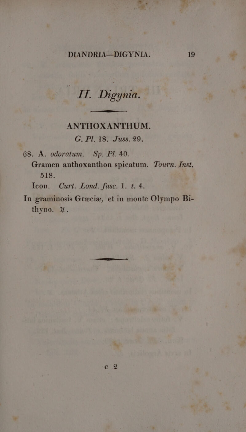 R T DIANDRIA—DIGYNIA. 19 IT. Digynia. ANTHOXANTHUM. G. PI. 18. Juss. 99. 68. A. odoratum. — Sp. PI. 40. Gramen anthoxanthon spicatum. Tourn. Inst. 518. Icon. Curt. Lond. fasc. 1. t. 4. In graminosis Grecie, et in monte Olympo Bi- thyno. y.