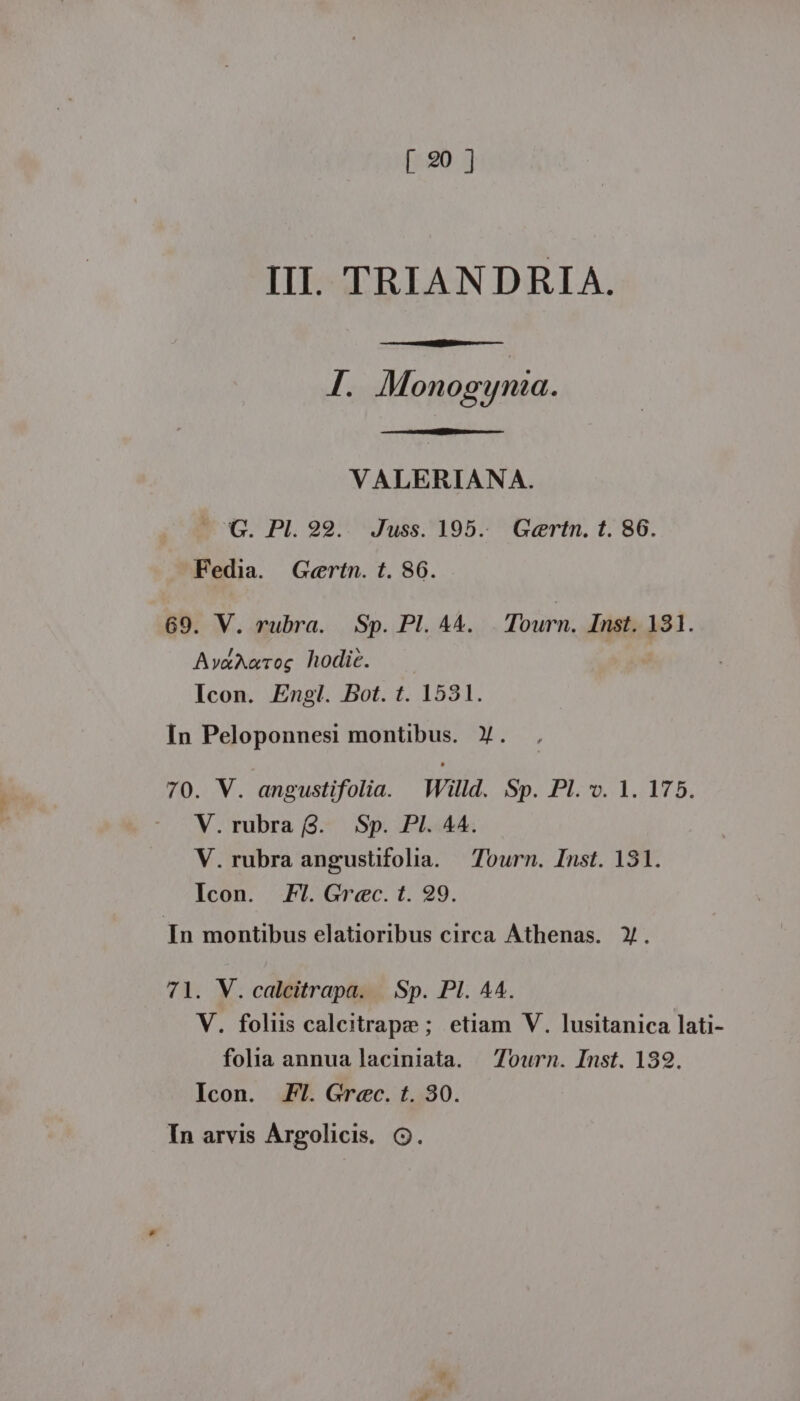 [ 90 ] III. TRIANDRIA. Jf Monogynia. VALERIANA. G. Pl. 99.. Juss. 195. Geertn. t. 86. Fedia. Geertn. t. 86. 69. V. rubra. Sp. PL. A4. Tourn. Inst. 181. AvxAa«rog hodic. Icon. Engl. Bot. t. 1531. In Peloponnesi montibus. Y. 70. V. angustifolia. |. Willd. Sp. Pl. v. 1. 175. V.rubra (2. Sp. PI. 44. V.rubra angustfolia. — Tourn. Inst. 131. Icon. 7. Grec. t. 29. Tn montibus elatioribus circa Athenas. . 71. V.calcitrapa. | Sp. PI. 44. V. foliis caleitrape ; etiam V. lusitanica lati- folia annua laciniata. — Tourn. Inst. 132. Icon. Fl. Grec. t. 30. In arvis Árgolicis. C.