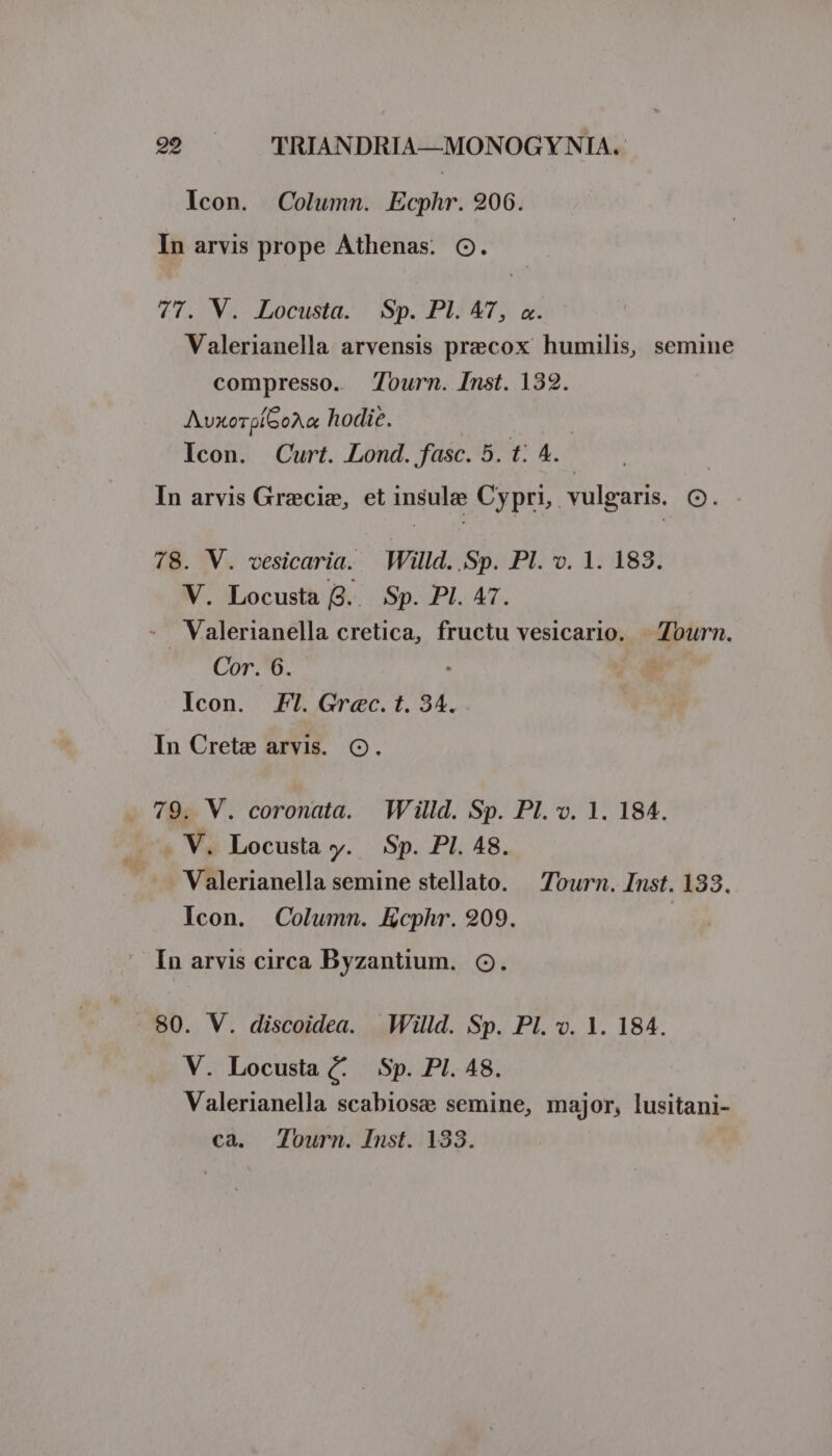 lcon. Column. Ecphr. 906. In arvis prope Athenas: O. 77. V. Locusta. Sp. Pl. A7, x. Valerianella arvensis precox humilis, semine compresso. Tourn. Inst. 132. AvxorpíGoA« hodie. | Icon. Curt. Lond. fasc. 5. t. 4. In arvis Grecis, et insule Cypri, vulgaris. C. 78. V. vesicaria. |. Willd. Sp. Pl. v. 1. 183. V. Locusta j3.. Sp. PI. A7. - Valerianella cretica, fructu vesicario. — Zourm. Cor. 6. : | Icon. Fl. Grec. t. 34. In Crete arvis. Oo. - 79. V. coronata. Willd. Sp. Pl. v. 1. 184. . V. Locusta y. Sp. PI. 48. Valerianella semine stellato. — Tourn. Inst. 183. Icon. Column. Ecphr. 909. In arvis circa Byzantium. C. 80. V. discoidea. Willd. Sp. Pl. vv. 1. 184. V. Locusta (. Sp. PI. 48. Valerianella scabiosze semine, major, lusitani- ca. Journ. Inst. 133.