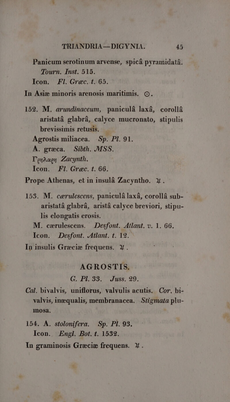 Panicum serotinum arvense, spicá pyramidatá. Tourn. Inst. 515. Icon. Fl. Grec. t. 65. In Asiz minoris arenosis maritimis. C. 159. M. arundinaceum, paniculá laxá, corollá aristatá glabrá, calyce mucronato, stipulis brevissimis retusis. Agrostis miliacea. Sp. PI. 91. A. greca. Sibth. .MSS. leyA«py Zacynth. Icon. Fl. Grec. t. 66. Prope Athenas, et in insulà Zacyntho. Y. 155. M. cerulescens, paniculálaxá, corollá sub- - aristatà glabrá, aristá calyce breviori, stipu- lis elongatis erosis. M. csrulescens. — Desfont. Atlant. v. 1. 66. Icon. JDesfont. .Atlant. t. 12. In insulis Grzciz frequens. Y. AGROSTIS. G. PI. 383. Juss. 29. Cal. bivalvis, uniflorus, valvulis acutis. Cor. bi- valvis, inequalis, membranacea. Stigmata plu- mosa. 154. A. stolonifera. Sp. Pl. 98. Icon. Engl. Bot. t. 1532. In graminosis Grecis frequens. Y.
