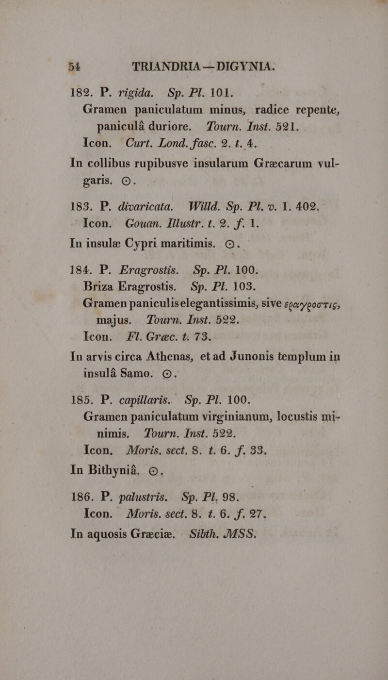 182. P. rigida. Sp. PI. 101. Gramen paniculatum minus, radice repente, paniculá duriore. Zourn. Inst. 591. Icon. Curt. Lond. fasc. 2. t. 4. In collibus rupibusve insularum Graecarum vul- garis. O. 183. P. divaricata. |. Willd. Sp. Pl. v. 1. 402. Icon. Gouan. Illustr. t. 2. f. 1. In insula Cypri maritimis. C. 184. P. Eragrostis. Sp. PI. 100. Briza Eragrostis. Sp. PI. 103. Gramen paniculiselegantissimis, sive epapooic; majus. Tourn. Inst. 592. Icon. Fl.Grec.t. 73. In arvis circa Athenas, etad Junonis templum in insulá Samo. C. 185. P. capillaris. Sp. PI. 100. Gramen paniculatum virginianum, locustis mi- nimis, Tourn. Inst. 522. Icon. Moris. sect. 8. t. 6. f. 33. In Bithyniá, 6. 186. P. palustris. Sp. PI. 98. . lcon. Moris. sect. 8. t. 6. f. 97. In aquosis Gracie. — Sibth. MSS.