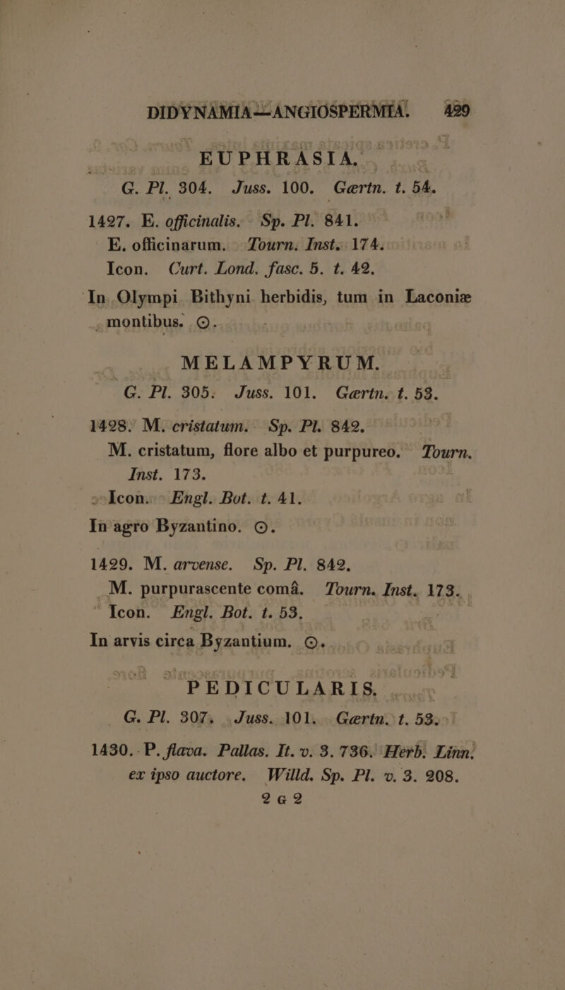 : E UPH R A S I A. 3 Pl. 304. Juss. 100. Gaertn. t. 54. 1497. E. officinalis. Sp. Pl. 841. ! E. officinarum. | Tourn. Inst. 174. Icon. Curt. Lond. fasc. 5. t. 49. In Olympi Bithyni herbidis, tum in Laconiz montibus. Q. | MELAMPYRUM. G. Pl. 305. Juss. 101. Geertn. t. 58. 1498. M. cristatum. | Sp. PI. 8429. M. cristatum, flore albo et purpureo. Tourn. Inst. 173. »Icon. - Engl. Bot. t. 41. In agro Byzantino. OQ. 1429. M. arvense. Sp. PI. 842. .M. purpurascente com&amp;. — Tourn. Inst. 173... con. Engl. Bot. t. 53. ^c In arvis circa Byzantium. OQ... PEDICULARIS . G. Pl. 307, .Juss.. 101. .. Gertn. t. 58. 1430..P. flava. Pallas. It. v. 3. 736. Herb. Linn. ex ipso auctore. Willd. Sp. Pl. v. 3. 908. ?6G2