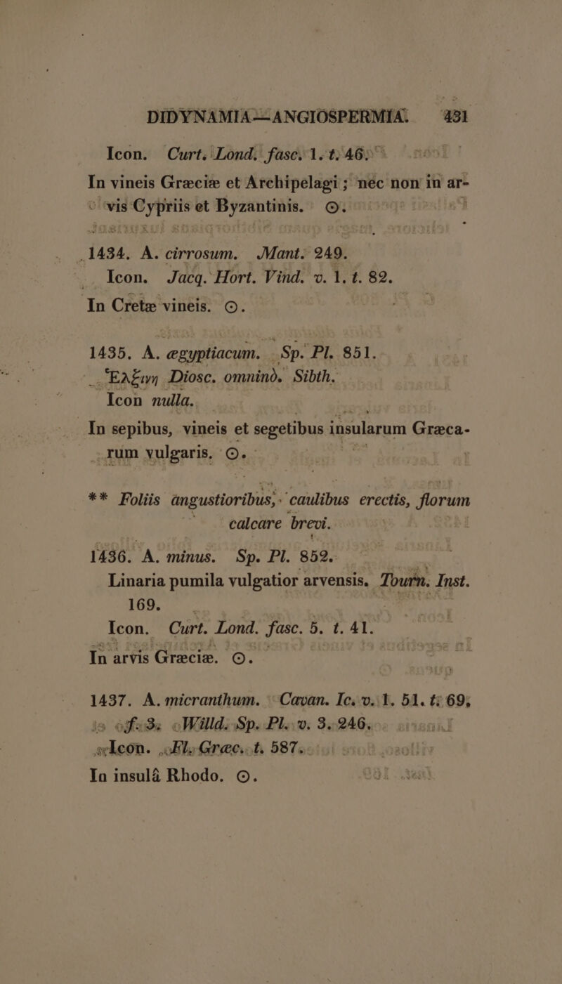 Icon. Curt. Lond. fasc. 1.1.46; In vineis Grzciz et Archipelagi ; nec non in ar- o'wIs ripa et Byzantinis. o. E 1434. A. cirrosum. |... Mant. 249. .. Icon. Jacq. Hort. Vind. v. 1. t. 82. In Crete vineis. Q. 1435. A. egyptiacum. Sp. Pl. 851. ..EAEw Diosc. omnino. Sibth. Icon nulla. In sepibus, vineis et segetibus insularum Grzeca- ..rum vulgaris. Qi | ** Foliis angustioribus,. caulibus erectis, florum . . calcare breoi. 1436. S minus. Sp. Pl. 859. inen Linaria pumila vulgatior arvensis. ees Inst. 169. X Icon. Curt. Lond. fasc. 5. t. A1. LOSS arvis Graecis. gc 1437. A. micranthum. Cavan. Ic. o. 1. 51. £169; 5 ofud&amp; oWilld; Sp. Pl..v. 3.246. scdeon. Fl Grec. t. 587... In insulá Rhodo. OG.