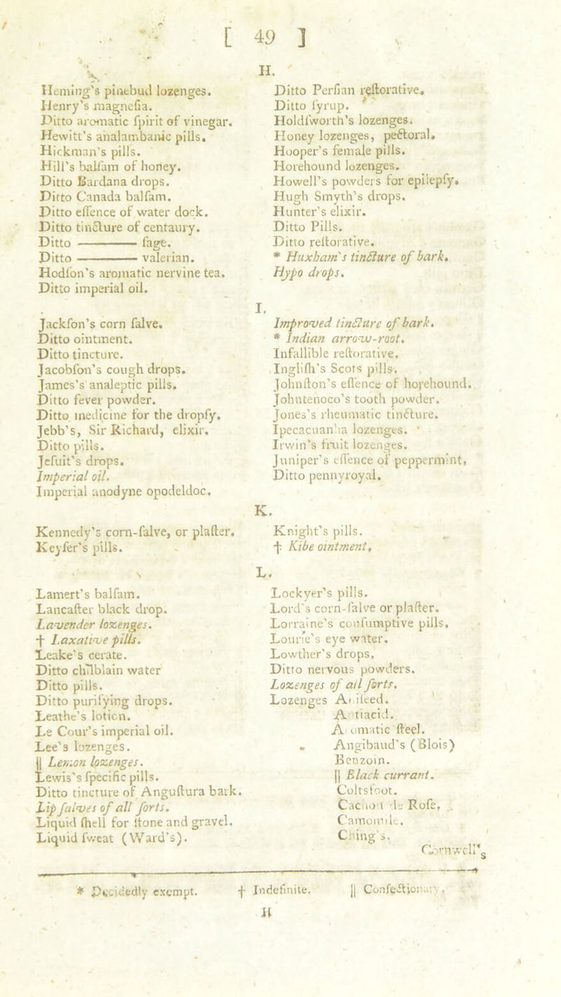 Hemiiig's pinebud lozenges. Henry’s magnefia. Ditto aromatic fpirit of vinegar. Hewitt's analambanic pills. Hickman’s pills. Hill’s balfam of honey. Ditto Bardana drops. Ditto Canada balfam. Ditto effence of water dock. Ditto tin£lure of centaury. Ditto fage. Ditto valerian. Hodfon’s aromatic nervine tea. Ditto imperial oil. Jackfon’s corn falve. Ditto ointment. Ditto tincture. Jacobfon’s cough drops. James’s analeptic pills. Ditto fever powder. Ditto medicine for the dropfy. Jebb’s, Sir Richard, elixir. Ditto pills. Jefuit’s drops. Imperial oil. Imperial anodyne opodeldoc. Kennedy’s corn-falve, or plafter. Keyfer’s pills. Lamert’s balfam. Lancafter bLack drop. Lavender lozenges. -j- Laxative pills. Leake’s cerate. Ditto chilblain water Ditto pills. Ditto purifying drops. Leathe’s lotion. Le Cour’s imperial oil. Lee’s lozenges. || Lemon lozenges. Lewis’s fpecific pills. Ditto tincture of Anguftura bark. Lip faives of all forts. Liquid (lull for (tone and gravel. Liquid fweat (Ward’s). T- H. ' Ditto Peril an restorative. Ditto l’yrup. * Holdfworth’s lozenges. Honey lozenges, peftoral. Hooper’s female pills. Horehound lozenges. Howell’s powders tor epilepfy. Hugh Smyth’s drops. Hunter’s elixir. Ditto Pills. Ditto reltorative. * Huxbam's tindure of bark. Hypo drops. Improved tinflure of bark. * Indian arrovj-root. Infallible reltorative, Inglifh’s Scots pills, Jolinfton’s effence of horehound. Johntenoco's tooth powder. Jones’s rheumatic tincture. Ipecacuanha lozenges. 1 Irwin’s fruit lozenges. Juniper’s effence of peppermint. Ditto pennyroyal. K. Knight’s pills. J Kibe ointment, L. Lockyer’s pills. Lord’s corn-falve or plafter. Lorraine’s confumptive pills. Loune’s eye water. Lowther’s drops. Ditto nervous powders. Lozenges of ail forts’. Lozenges A> deed. A tiacid. A omatic fteel. . Angibaud's (Blois) Benzoin. || Black cum-ant. Coltsfoot. Cac ho t 1j Rofe, Camomile. Ching's. Cornwell’s * Decidedly exempt. •j- Indefinite. II || Confeitjoi . .