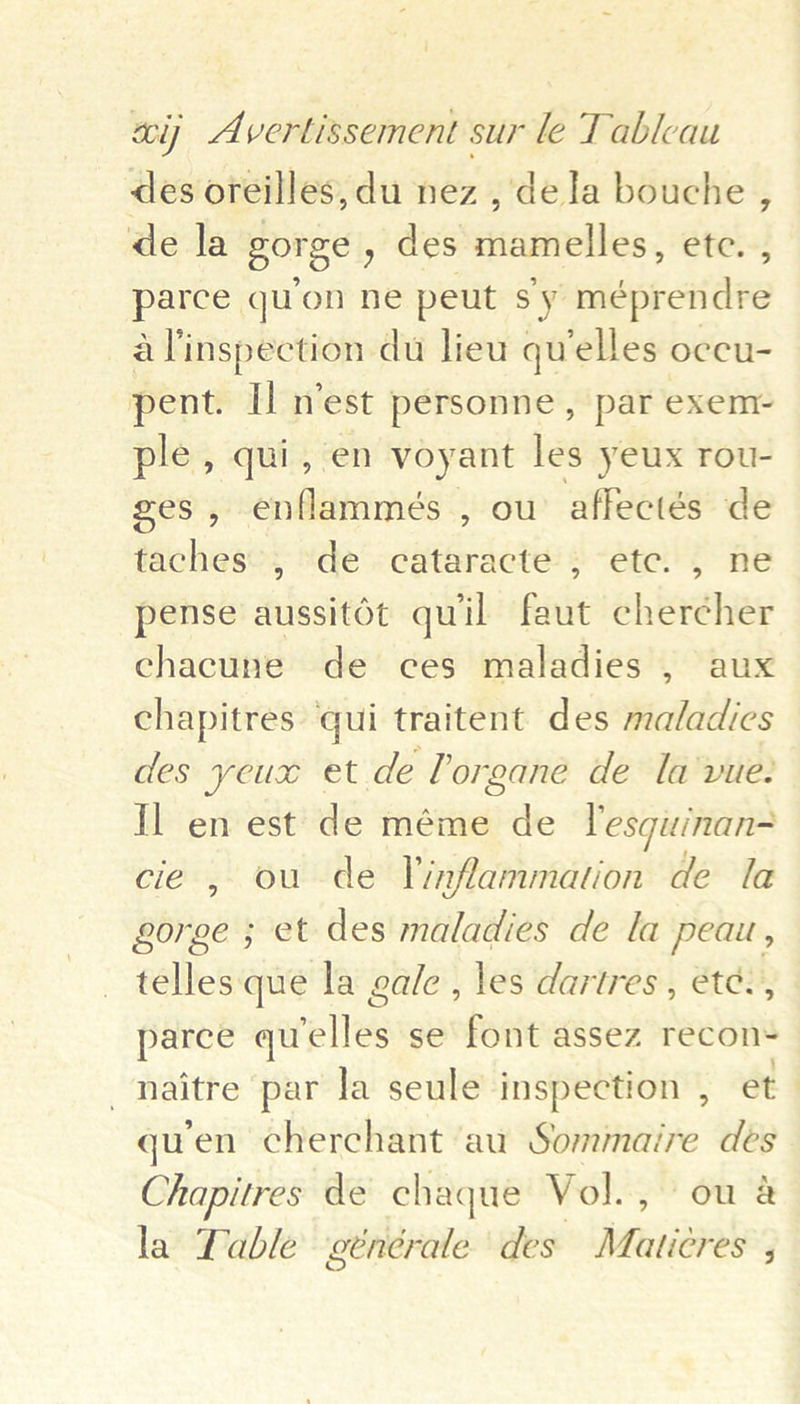 des oreilles, du nez , dela bouche , de la gorge, des mamelles, ete. , parce qu’on ne peut sy méprendre a Finspection du lieu qu’elles occu- pent. Il nest personne, par exem- ple, qui, en voyant les yeux rou- ges , enflammeés , ou affectés de taches , de cataracte ; etc. , ne pense aussitot quil faut chercher chacune de ces maladies , aux chapitres qui traitent des maladies des yeux et de lorgane de la vue: Il en est de méme de Tesguinan- cie , ou de Vinflammation de la gorge ; et des maladies de la peau, telles que la gale, les dartres , ete., parce qu ‘alles se font assez recon -naitre par la seule inspection , et qu en cherchant ‘au pone ap des Chapitres de chaque Vol., ou a la Table géner vie des sanianel ;