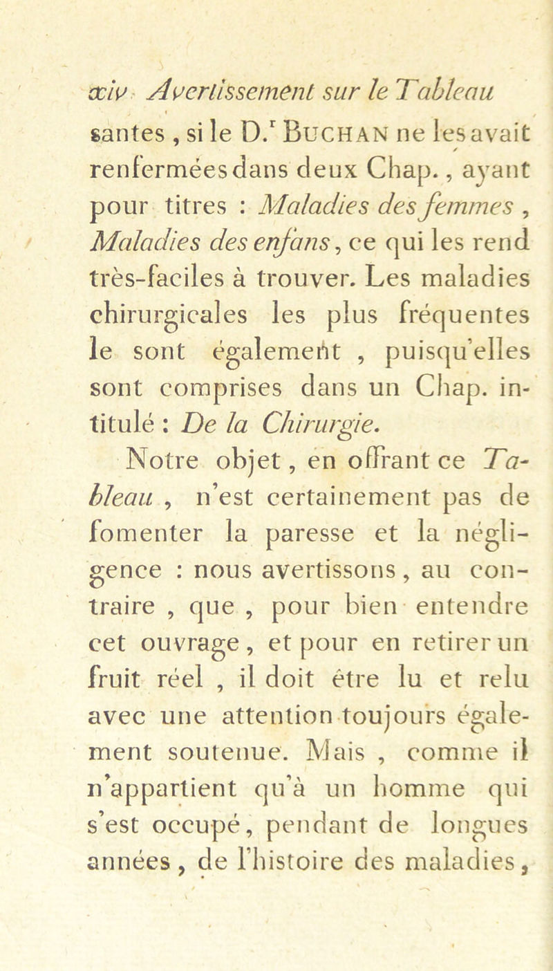 santes , sile D. BuCHAN ne les avait renfermées dans deux Chap. , ayant pour. titres : Maladies des femmes , Maladies des enfans, ce qui les rend trés-faciles 4 trouver. Les maladies cehirurgicales les plus fréquentes le sont également , puisqu’elles sont comprises dans un Chap. in- titulé: De la Chirurgie. Notre objet, en offrant ce Ta- bleau., west certainement pas de fomenter la paresse et la négli- gence : nous avertissons, au con- traire , que, pour bien: entendre cet ouvrage, et pour en retirer un fruit réel , il doit étre lu et relu avec une attention-toujours égale- “ment soutenue. Mais , comme ib n appartient gua un homme qui sest occupé, pendant de longues années, de l’histoire des maladies,