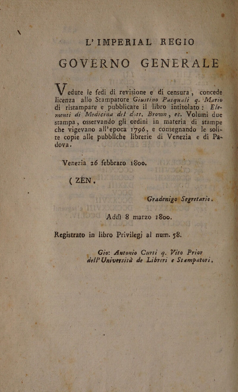 x L’IMPERIAL REGIO GOVERNO GENERALE ( AMICO % è Vil le fedi di revisione e di censura’, concede . licenza allo Stampatore Giustino Pasquali g. ‘Mario di ristampare e pubblicare il libro intitolato: E/e- menti di Medicina del dott. Brown, et. Volumi due stampa, osservando gli ordini in materia di stampe che vigevano all’epoca 1796, e consegnando le soli- te copie alle pubbliche librerie di Venezia e di Pa- dona. TT vete pae Fi i cafiggii i si0so iosa 40- MGradentg oî Seg retarie a” d ) dl wi | I | Addì 8 marzo 1800. | # # Registrato in libro Privileg) al num. 58. . x Gio: Antonio Curti g. Vito Prior. dell’ Università de Libreri e Stampatori, ere ca Se SE = - pod =