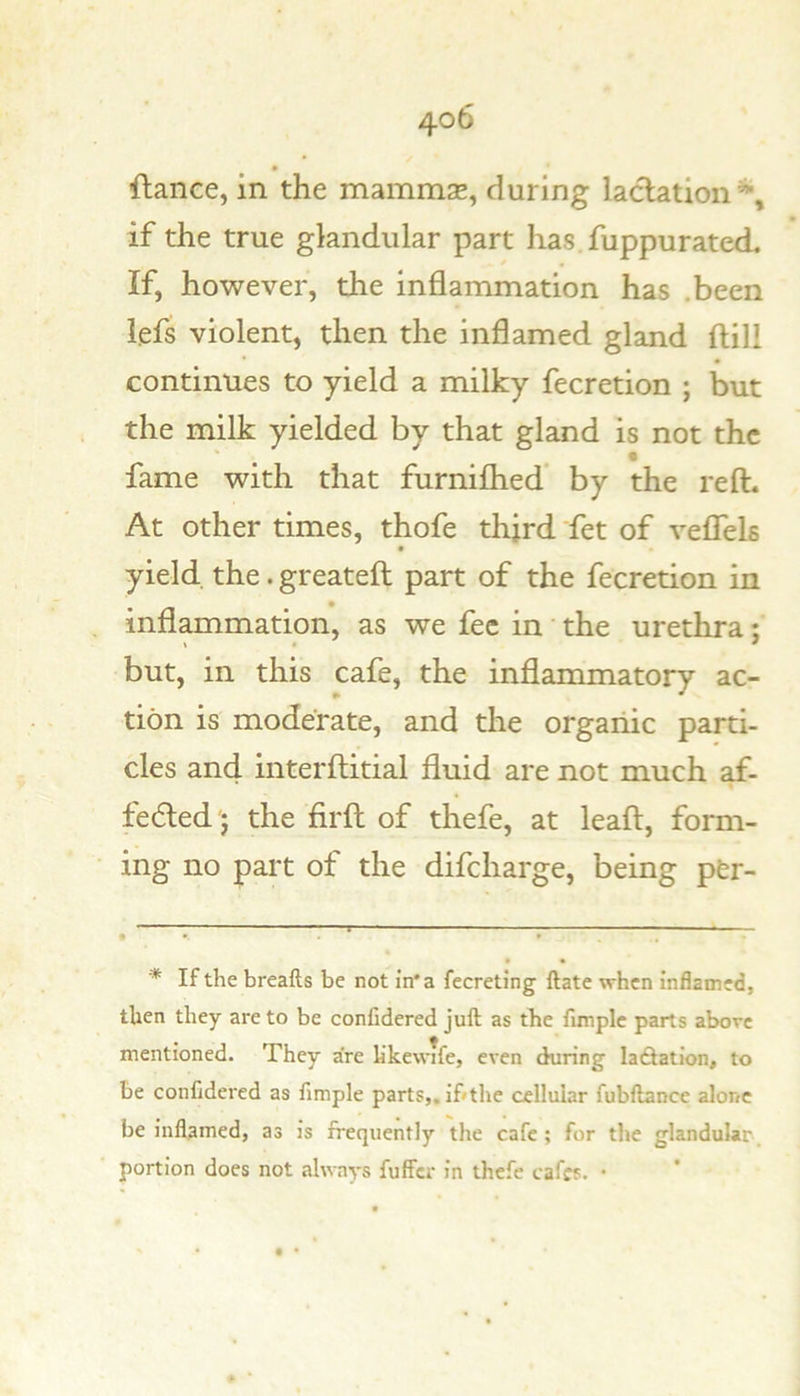 ftance, in the mammae, during lactation^, if the true glandular part has. fuppurated If, however, the inflammation has .been iefs violent, then the inflamed gland ftill continues to yield a milky fecretion ; but the milk yielded by that gland is not the fame with that furniflied’ by the relb At other times, thofe third fet of veflels » yield, the. greateft part of the fecretion in inflammation, as we fee in the urethra; but, in this cafe, the inflammatory ac- tion is moderate, and the organic parti- cles and interftitial fluid are not much af- feded'; the firfl: of thefe, at leaft, form- ing no part of the difeharge, being per- * If the breafts be not in'a fecreting ftate when inflamed, then they are to be conlidered juft as the fun pie parts above mentioned. They are likewTfe, even during ladlation, to be confidered as fimple parts,. if*the cellular fubftance alone be inflamed, as is frequently the cafe ; for the glandular portion does not always fuffer in thefe cafes. •