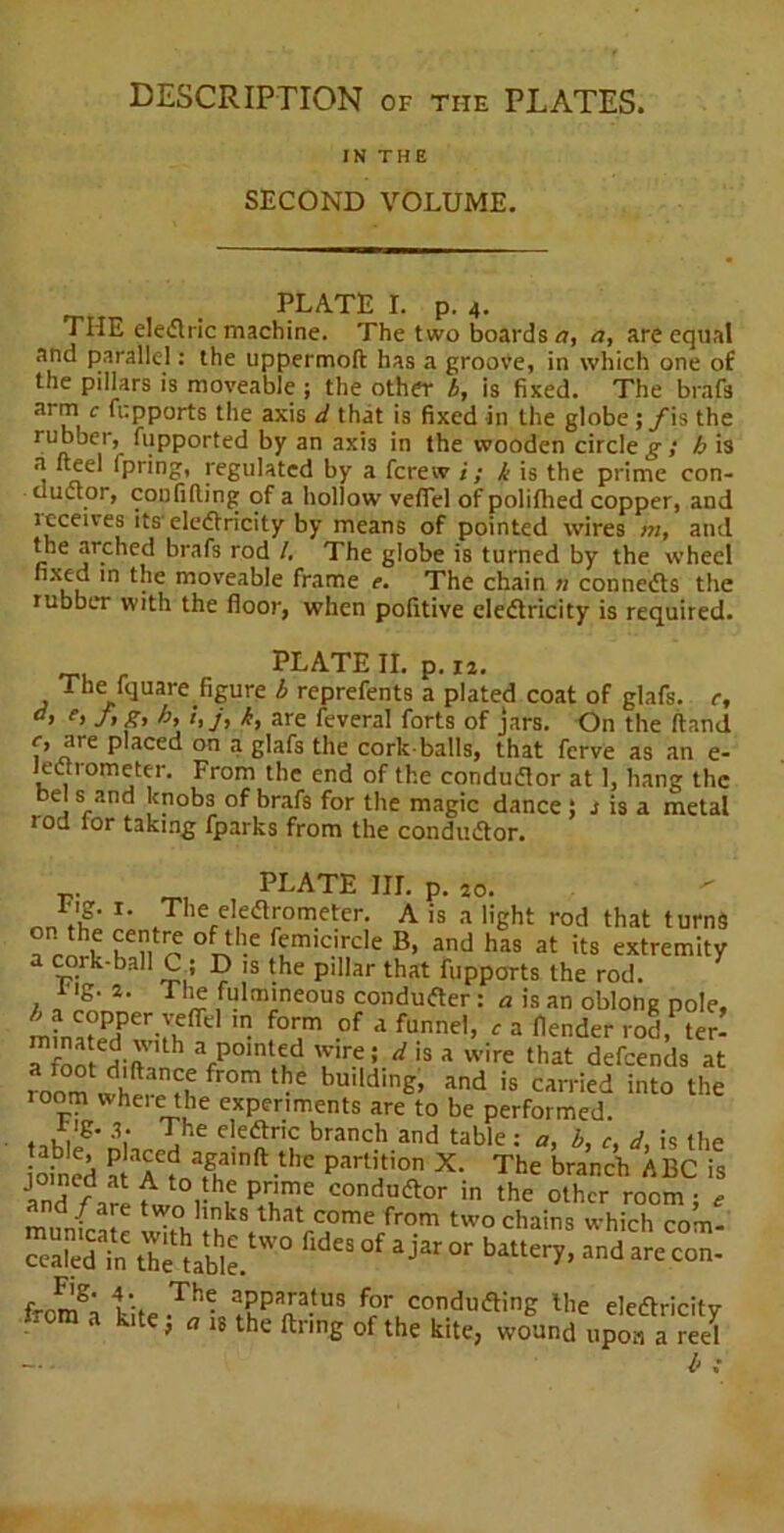 IN THE SECOND VOLUME. PLATE I. p. 4. THE eledlric machine. The two boards a, a, are equal and parallel: the uppermoft has a groove, in which one of the pillars is moveable ; the other b, is fixed. The brafs c fcpports the axis d that is fixed in the globe ; yis the rubber, fupported by an axis in the wooden circle g; h is a fteel Ipring, regulated by a fcrew i; k is the prime con- ductor, confiding of a hollow veflel of poliflted copper, and receives its'elcdtricity by means of pointed wires m, and the arched brafs rod /. The globe is turned by the wheel ln t^le moveable frame e. The chain n connects the rubber with the floor, when pofitive eledlricity is required. PLATE II. p. 12. The fquare figure b reprefents a plated coat of glafs. c, e> :,j, b, are feveral forts of jars. On the (land f> are Placed on a glafs the cork-balls, that ferve as an e- Jedtrometer. From the end of the condudtor at 1, hang the el s and knobs of brafs for the magic dance ; j is a metal rod lor taking fparks from the condudtor. PLATE III. p. ao. r- The eledtrometer. A is a light rod that turns ° of‘be femtcircle B, and has at its extremity a cork-ball C ; D is the pillar that fupports the rod. i'ig. 2. The fulmineous condudter : a is an oblong pole, mfnati!?er-^eflre ^ of d funnel> f 3 lender rod^ter! ^foot di(T h 3 P°lnt£d wire; d is a wire that defeends at o “ ud ;’n“ from tbe buildi»g> and is carried into the 100m Wheie the experiments are to be performed. ♦ •,10 ‘V j c!eftr,c branch and table : a, b, c, d, is the oined a AC?oatghmft-the Pnn?°n X‘ The brancb *BC is joined at A to the prime condudtor in the other room • e mu/cate 2hl!nhks.thatrc,ome/ro.m tw° chains which com. coaled in the ulle. S °f J3r °r battery’ 3nd are con* fromS; kite.Th-oaPna-US f?r condudting the eledtricity Jrom a kite, a is the firing of the kite, wound upon a reel b ;