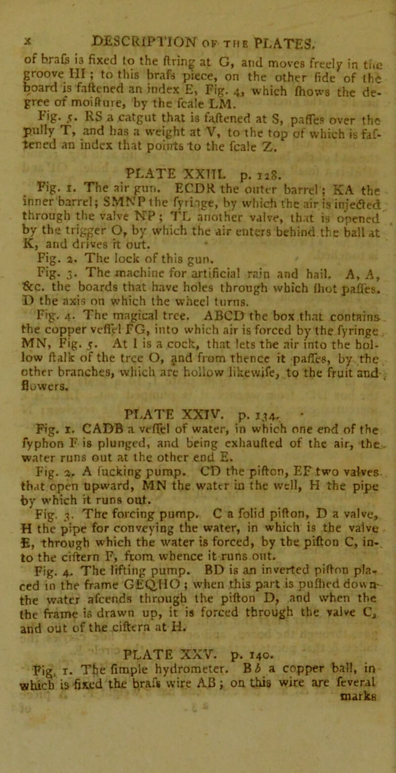 of bra Is i3 fixed lo the firing at G, and moves freely in the groove III; to this brafa piece, on the other fide of the board is fattened an index E, Fig. 4, which fhows the de- gree of moifture, by the fcale LM. Fig. 5. RS a catgut that is fattened at S, pafles over the pully T, and has a weight at V, to the top of which is faf- tened an index that points to the fcale Z. PLATE XXTTI. p. u8. Fig. 1. The air pur,. ECDR the outer barrel; KA the inner barrel; SMNP the fyriipe, by which the air is inietfed through the valve NP; TL another valve, that is opened by the trigger O, by which the air enters behind the ball at K, and drives rt out. Fig. a. The lock of this gun. Fig. 3. The machine for artificial rain and hail. A, A, &c. the boards that have holes through which fhot pafles. D the axis on which the wheel turns. Fig. 4. The magical tree. ABCD the box that contains the copper veflel FG, into which air is forced by the fyringe MN, Fig. 5. At 1 is a cock, that lets the air into the hol- low ftalk of the tree O, and from thence it pafles, by the other branches, which are hollow likewife, to the fruit and flowers. PLATE XXIV. p. 134. • Fig. i. CADB a veflel of water, in which one end of the fyphon F is plunged, and being exhaufied of the air, the water runs out at the other end E. Fig. a. A lucking pump. CD the pifton, EF two valves that open upward, MN the wattr in the well, H the pipe by which it runs out. Fig. 3. The forcing pump. C a folid pifton, D a valve, H the pipe for conveying the water, in which is the valve E, through which the water is forced, by the pifton C, in- to the cittern F, from whence it runs out. Fig. 4. The lifting pump. BD is an inverted pifton pla- ced in the frame GEQHO ; when this part is puflx-d dow li- the water afeends through the pifton D, and when the the frame is drawn up, it is forced through the valve C, and out of the cittern at H. PLATE XXV. p. 140. Fig, 1. Tfie Ample hydrometer. Bi a copper ball, in which is fixed the brafs wire AB; on this wire are feveral marks