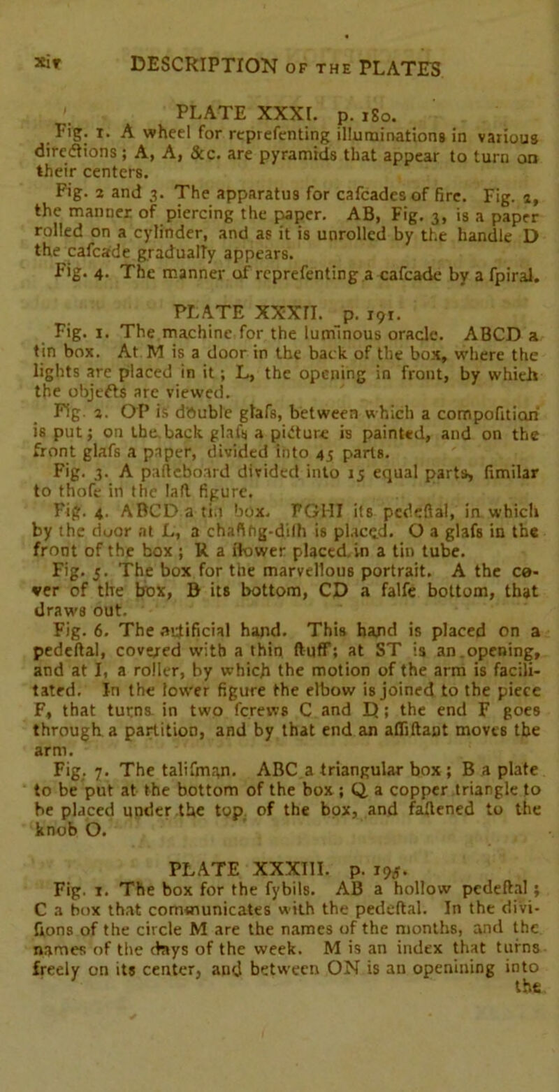PLATE XXXI. p. iSo. Fig. i. A wheel for reprefenting illuminations in various directions ; A, A, &c. are pyramids that appear to turn on their centers. Fig. 2 and 3. The apparatus for cafcadesof fire. Fig. i, the manner of piercing the paper. AB, Fig. 3, is a paper rolled on a cylinder, and as it is unrolled by the handle D the cafcade gradually appears. Fig. 4. The manner of reprefenting a cafcade by a fpiral. PLATE XXXn. p. 191. Fig. 1. The machine for the luminous oracle. ABCD a tin box. At M is a door in the back of the box, where the lights are placed in it; L, the opening in front, by which the objects are viewed. Fig. 2. OP is double glafs, between which a compofitiori is put; on the back glafs a picture is painted, and on the front glafs a paper, divided into 45 parts. Fig. 3. A pafteboard divided into 15 equal parts, fimilar to thofe in the Lift figure. Fig. 4. ABCD a ti.i box. PGHI its pedeftal, in which by the door at L, a chaftfig-dilh is placed. O a glafs in the front of the box ; R a Bower placed, in a tin tube. Fig. 5. The box for the marvellous portrait. A the co- ver of the box, B its bottom, CD a falfe bottom, that draws out. Fig. 6. The artificial hand. This hand is placed on a pedeftal, covered with a thin ftufF; at ST is an.opening, and at I, a roller, by which the motion of the arm is facili- tated. In the lower figure the elbow is joined to the piece F, that turns in two fc.rews C and D; the end F goes through a partition, and by that end an afliftaDt moves the arm. Fig. 7. The talifman. ABC a triangular box ; B a plate to be put at the bottom of the box ; Q a copper triangle to be placed under the top of the box, and fattened to the knob O. PLATE XXXIII. p. 195. Fig. t. The box for the fybils. AB a hollow pedeftal; C a box that communicates with the pedeftal. In the divi- fions of the circle M are the names of the months, and the names of the days of the week. M is an index that turns freely on its center, aud between ON is an openining into the