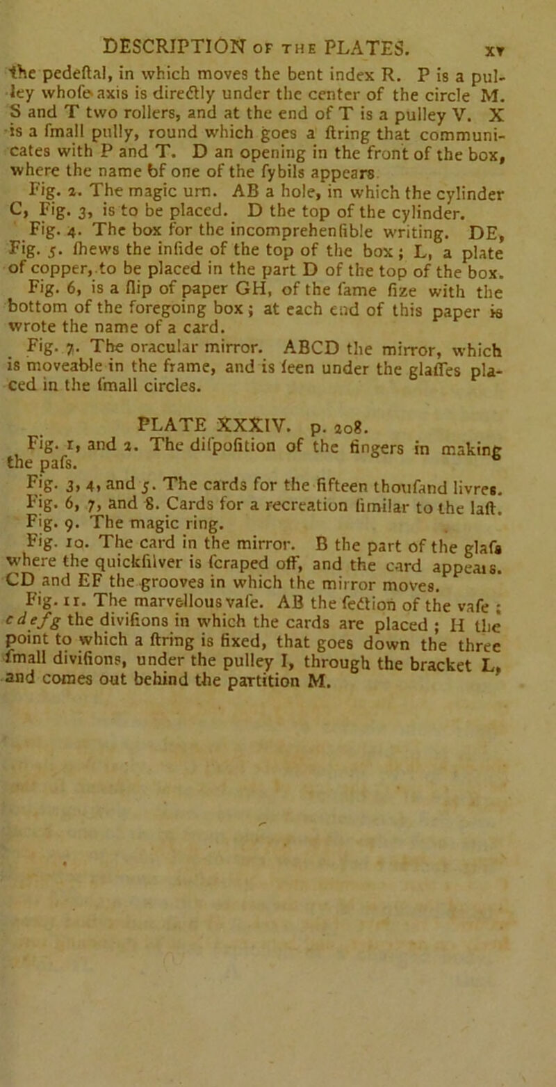 the pedeft.il, in which moves the bent index R. P is a pul- ley whole axis is diredtly under the center of the circle M. S and T two rollers, and at the end of T is a pulley V. X is a fmall pully, round which goes a firing that communi- cates with P and T. D an opening in the front of the box, where the name bf one of the fybils appears Fig. 4. The magic urn. AB a hole, in which the cylinder C, Fig. 3, is to be placed. D the top of the cylinder. Fig. 4. The box for the incomprehenlible writing. DE, Fig. ;• thews the infide of the top of the box ; L, a plate of copper, to be placed in the part D of the top of the box. Fig. 6, is a flip of paper GH, of the fame fize with the bottom of the foregoing box; at each end of this paper is wrote the name of a card. Fig. 7. The oracular mirror. ABCD the mirror, which is moveable in the frame, and is teen under the glades pla- ced in the fmall circles. PLATE XXXIV. p. 408. Fig. r, and 4. The difpofition of the fingers in making the pafs. Fig. 3, 4, and 5. The cards for the fifteen thoufand livres. I'ig. 6, 7, and 8. Cards for a recreation limiiar to the laft. Fig. 9. The magic ring. Fig. 10. The card in the mirror. B the part of the glafa where the quickfilver is fcraped off, and the card appeals. CD and EF the grooves in which the mirror moves. Fig. ir. The marvellous vale. AB the fettion of the vafe ; cdefg the divifions in which the cards are placed ; H the point to which a firing is fixed, that goes down the three fmall divifions, under the pulley I, through the bracket L,