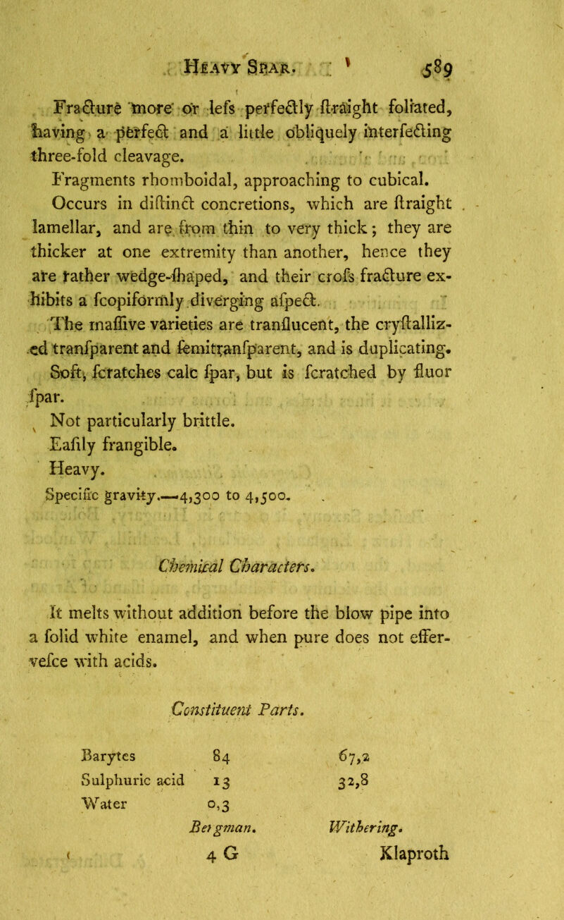 Fradure tnore or lefs petfedly ftraight foliated, having a pferfed and a little obliquely interfeding three-fold cleavage. Fragments rhomboidal, approaching to cubical. Occurs in diftind concretions, which are ftraight lamellar, and are from thin to very thick; they are thicker at one extremity than another, hence they are rather wedge-fhaped, and their crofs fradure ex- hibits a fcopiformly diverging afped. The inaffive varieties are tranilucent, the cryflalliz- ed tranfparent and fsmitranfparent, and is duplicating. Soft, fcratches calc fpar, but is fcratched by fluor fpar. Not particularly brittle. Eafily frangible. Heavy. Specific gravity.—4,300 to 4,500. Chemical Characters. It melts without addition before the blow pipe into a folid white enamel, and when pure does not effer- vefce with acids. Constituent Parts. Barytes 84 67,2 Sulphuric acid 13 00 fN Water 0,3 Bagman. Withering, 4 G Klaproth