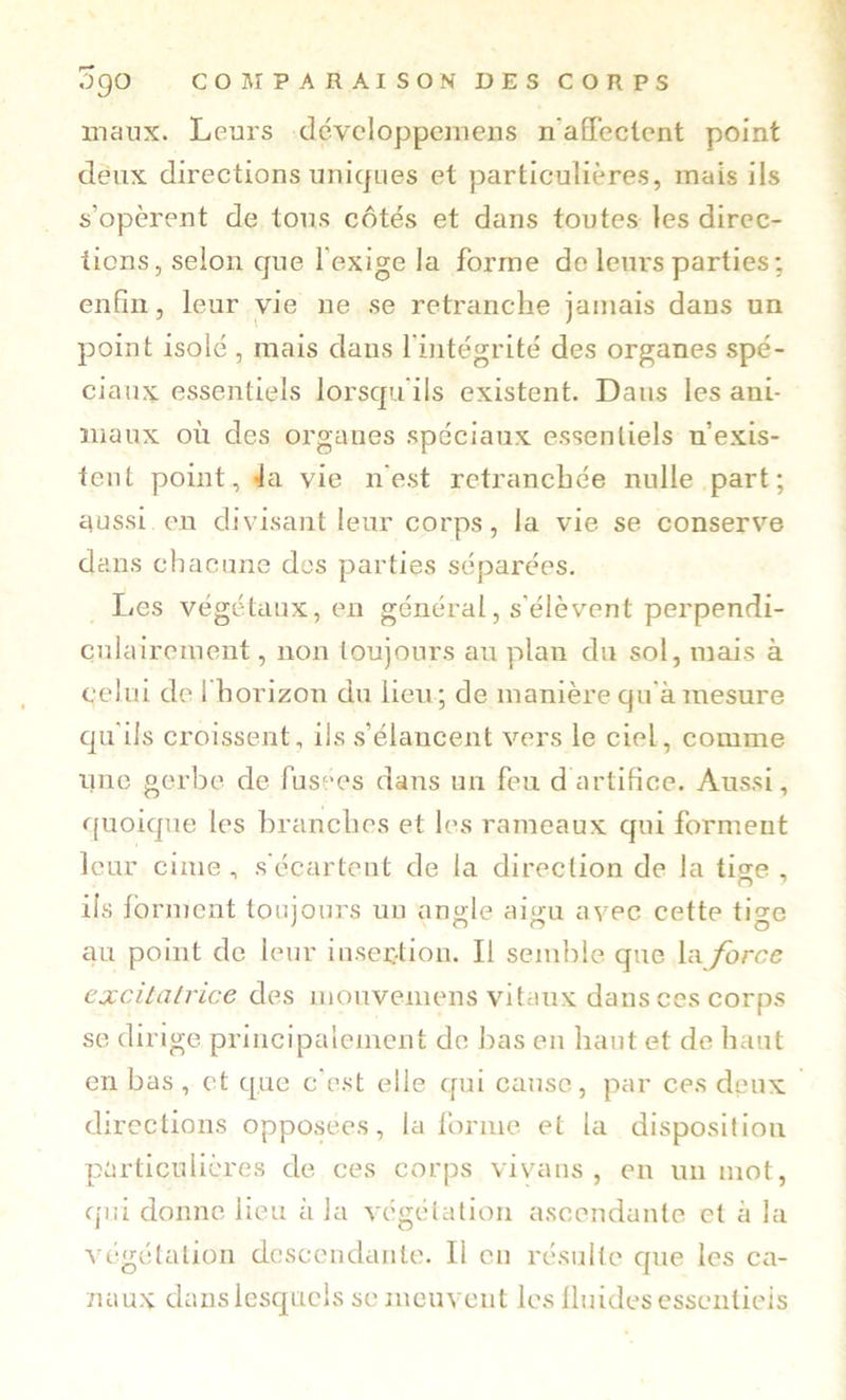 maux. Leurs dcvcloppcmens u’aBTeclcnt point deux directions unicpies et particulières, mais ils s’opèrent de tous côtés et dans toutes les direc- tions, selon cjue l'exige la forme de leurs parties; enfin, leur vie ne se retranche jamais dans un point isolé , mais dans l'intégrité des organes spé- ciaux essentiels lorscpi'ils existent. Dans les ani- maux où des organes spéciaux essentiels n’exis- tent point, <la vie n'est retranchée nulle part; aussi en divisant leur corps, la vie se conserve dans chacune des parties séparées. Les végétaux, en général, s'élèvent perpendi- culairement , non toujours au plan du sol, mais à celui de 1 horizon du lieu ; de manière qu'à mesure qu'ils croissent, ils .s’élancent vers le ciel, comme une gerbe de fusees dans un feu d artifice. Aussi, f(uoique les branches et les rameaux qui forment leur cime , s'écartent de la direction de la ti<Te , iis Ibrmcnt toujours nu an^le aieju avec cette tio^e •' O O O au point de leur insertion. Il semble que hi force excitatrice des mouveinens vitaux dans ces corps se dirige principalement do bas en haut et de haut en bas, et que c'est elle qui cause, par ces deux directions opposées, la l'orme et la disposition particulières de ees corps vivans , en un mot, fjui donne lieu à la végétation ascendante et à la végétation descendante. Il en résulte que les ca- naux dans lesquels se meuvent les üuides essentiels