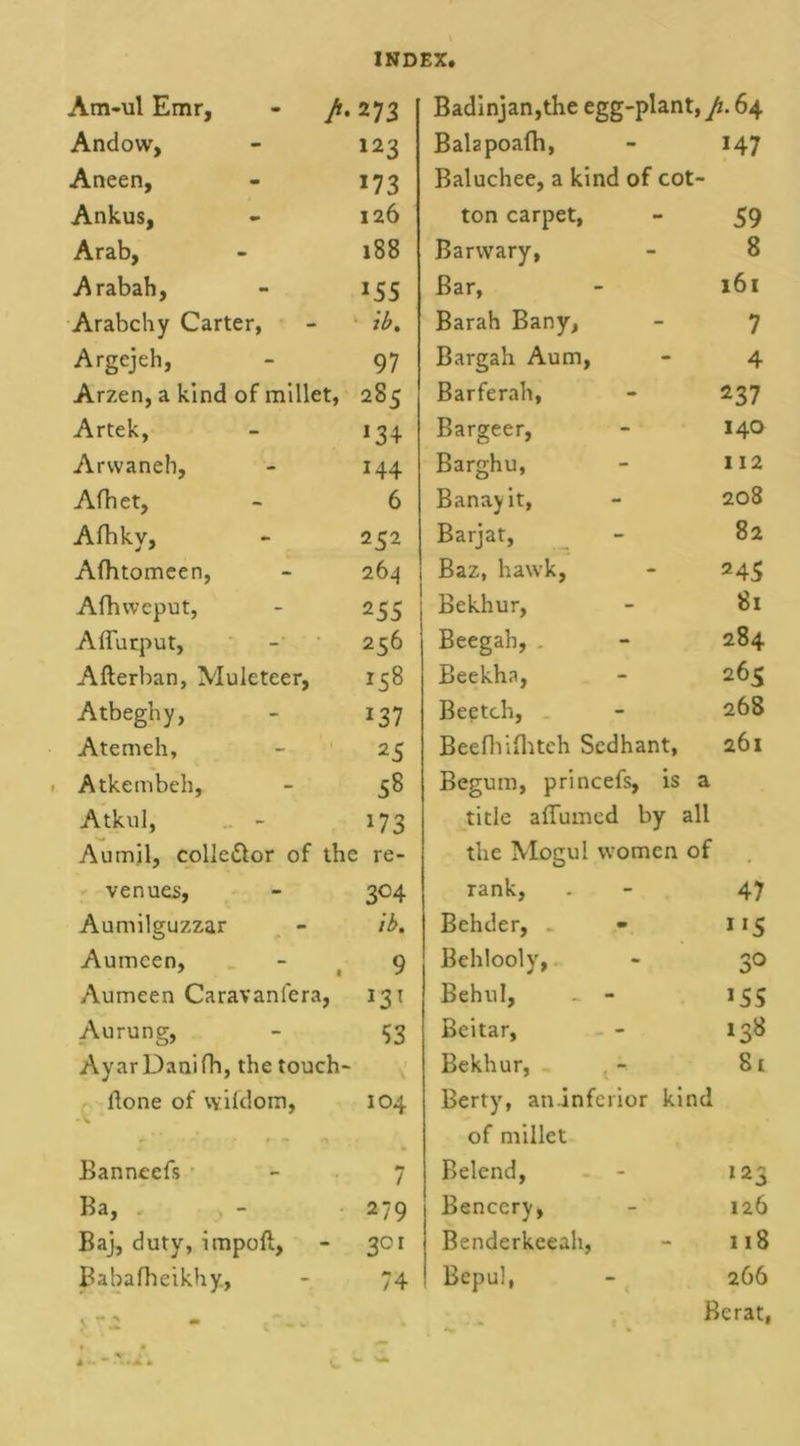 Am-ul Emr, - p, 273 Badinjan,the egg-plant, p. 64 Andow, 123 Balapoafh, 147 Aneen, *73 Baluchee, a kind of cot- Ankus, 126 ton carpet, 59 Arab, 188 Barvvary, 8 Arabah, *55 Bar, 161 Arabchy Carter, tb. Barah Bany, 7 Argejeh, 97 Bargah Aum, 4 Arzen, a kind of millet, 285 Barferah, 237 Artek, *34 Bargeer, 140 Arwaneh, 144 Barghu, 112 Afhet, 6 Banayit, 208 Afhky, 252 Barjat, 82 Afhtomeen, 264 Baz, hawk, 245 Afhweput, 255 Bekhur, 81 Affurput, 256 Beegah, . 284 Afterban, Muleteer, 158 Beekha, 265 Atbeghy, 137 Beetch, 268 Atemeh, 25 Beefhiihteh Sedhant, 261 Atkembeh, 58 Begum, princefs, is a Atkul, 173 title affumed by all Aumil, colle&amp;or of the re- the Mogul women of , venues, 3°4 rank, 47 Aumilguzzar ib. Bchder, . 1 *5 Aumcen, 7 t 9 Behlooly, 3° Aumeen Caravanlera, *3* Behul, - - 155 Aurung, 53 Beitar, 138 AyarDanifh, the touch- • 1 Bekhur, St ftone of wifdom, 104 Berty, atiinferior kind of millet Banneefs / Belend, 123 Ba, 279 Bencery, 126 Baj, duty, impoft, 301 Benderkeeah, 118 Babafheikhy., 74 Bepul, 266 i • . c ~ - w Berat,