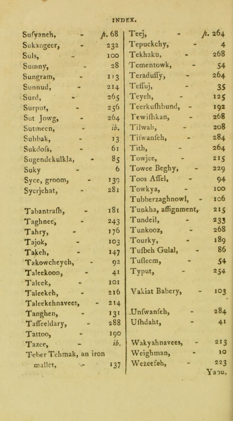 Sufyaneh, p, 68 Sukangecr, 232 Suls, 100 Sumny, 28 Sungram, Sunnud, 214 Surd, 265 Surput, 256 Sut Jovvg, 264 Sutmecn, ib. Subbak, 13 Sukdofs, 61 Sugendekulkla, * 85 Suky 6 Syce, groom, 130 Sycrjehat, 281 Tabantrafh, 181 Taghnee, 243 Tahry, 176 Tajok, 103 Takeh, i47 Takowcbeyeh, 92 Taleekoon, 41 Taleek, 101 Taleekeh, 216 Taleekehnavees, - 214 Tanghen, J3l TafTeeldary, 288 Tattoo, 190 Tazee, ib. Tcber Tehmak, an iron mallet, 137 T eej, p, 264 Tepuckchy, 4 Tekhaku, 268 'Tementowk, 54 Teradufly, 264 Tcffuj, 35 Teyeh, 125 Teerkufhbund, 192 Tewiflikan, 268 Tilwah, 208 Tilwanfeh, 284 Tith, 264 Towjee, 215 Towee Beghy, 229 Toos AfiTel, 94 Towkya, 100 Tubberzaghnowl, 106 Tunkha, aflignment, 215 Tundeil, 233 Tunkooz, 268 Tourky, 189 Tufbeh Gulal, 86 Tuflecm, 54 Typut, 254 Vakiat Babery, 103 .Unfvvanfeh, 284 Ufhdaht, 41 Wakyahnavees, 213 Weigbman, 10 Wezeefeh, 223 Yaou,